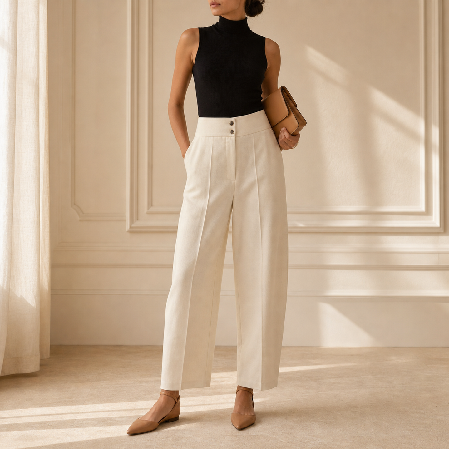 No belt loop line in front Lord & Taylor Heritage Barrel-Leg Trousers, Cream — on model, full length