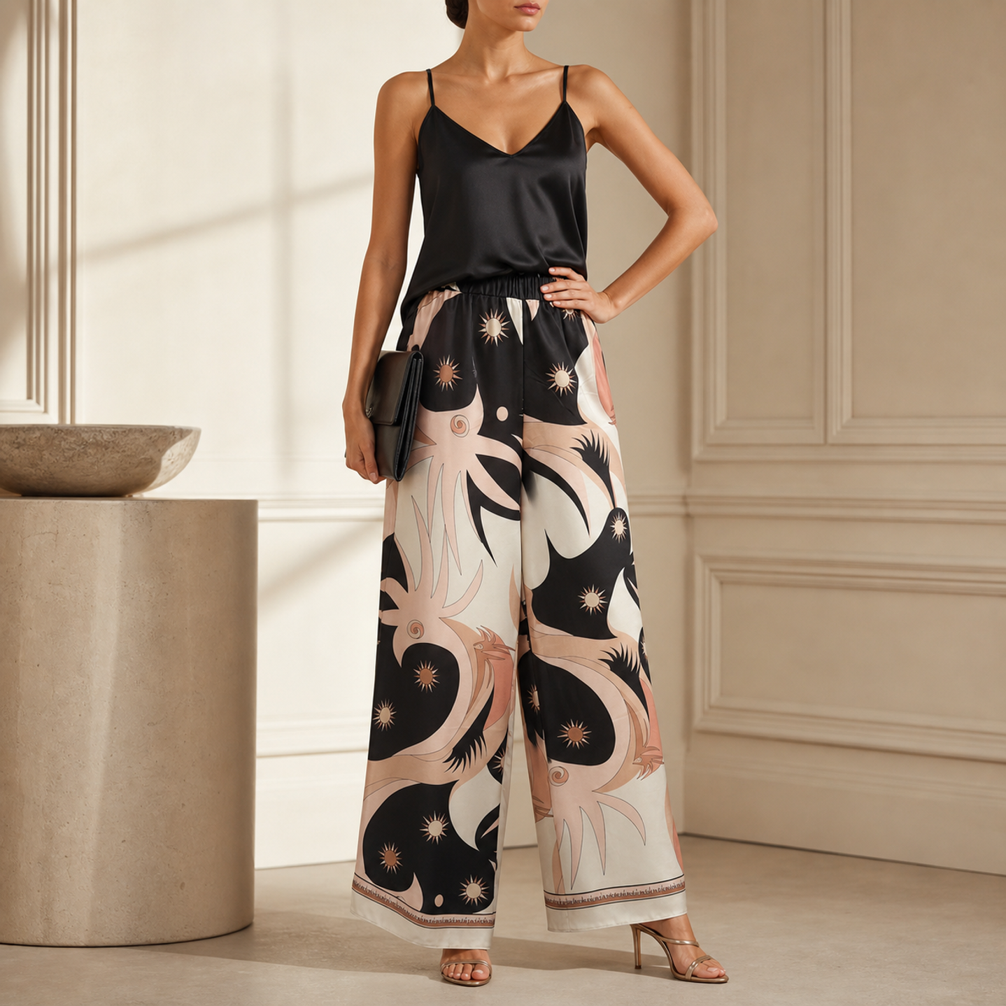 Black multi print palazzo trousers on model, full length front view by Lord & Taylor Heritage