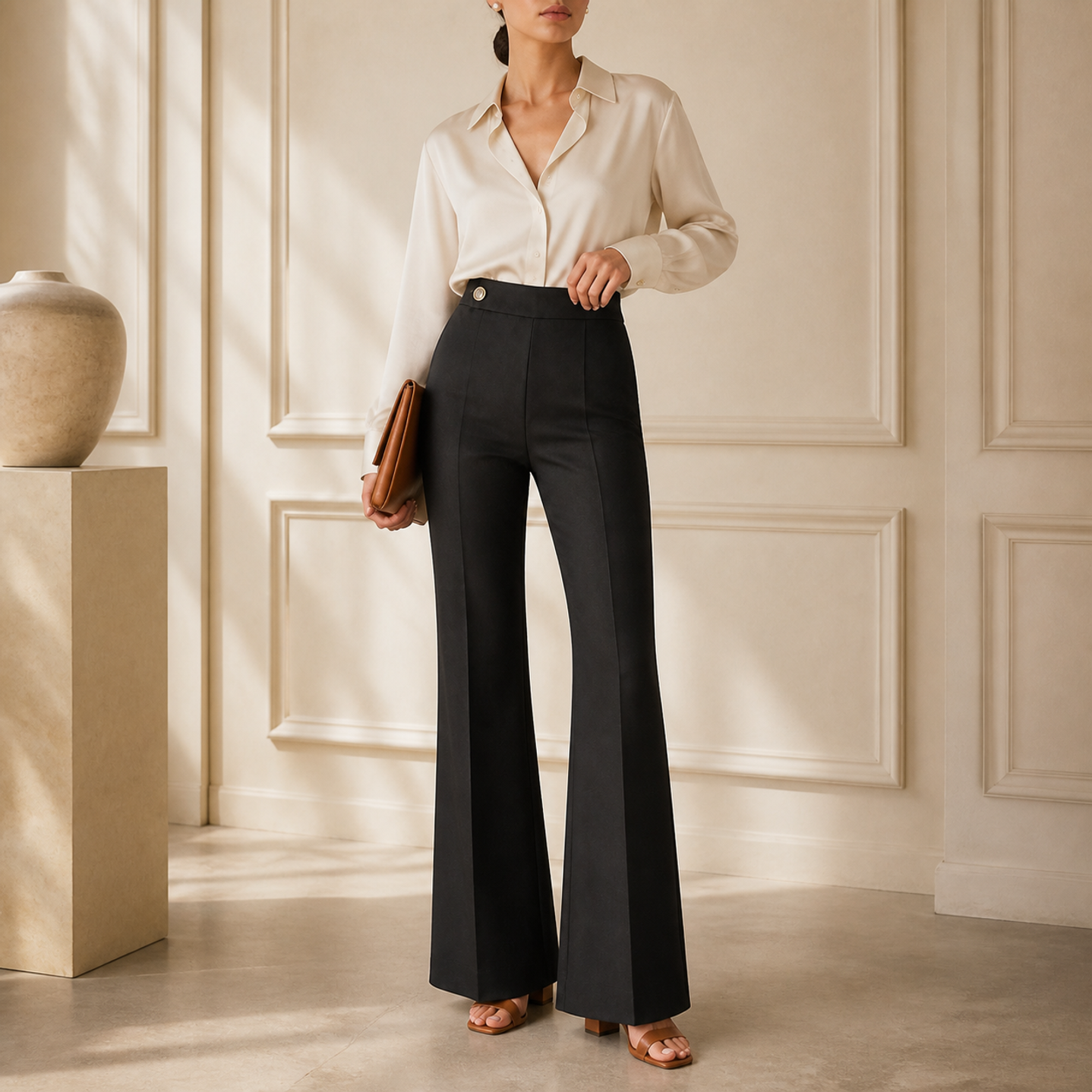 description needed and ghost image of pants 42827-Black-Bottom Lord & Taylor Heritage High-Waisted Tailored Wide-Leg Trousers in Black — on model, full length
