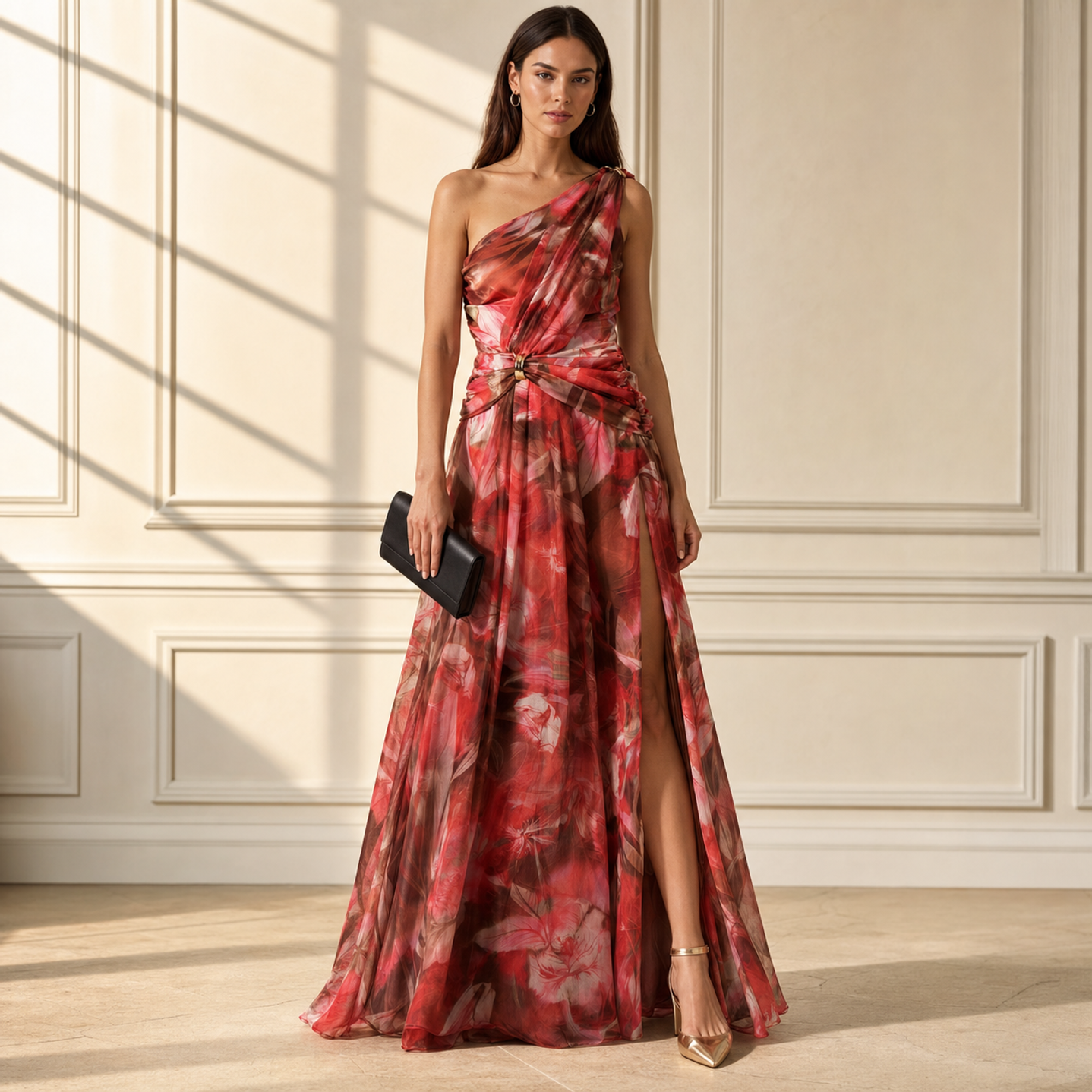 Red floral one-shoulder maxi gown by Lord & Taylor Heritage, full-length front view