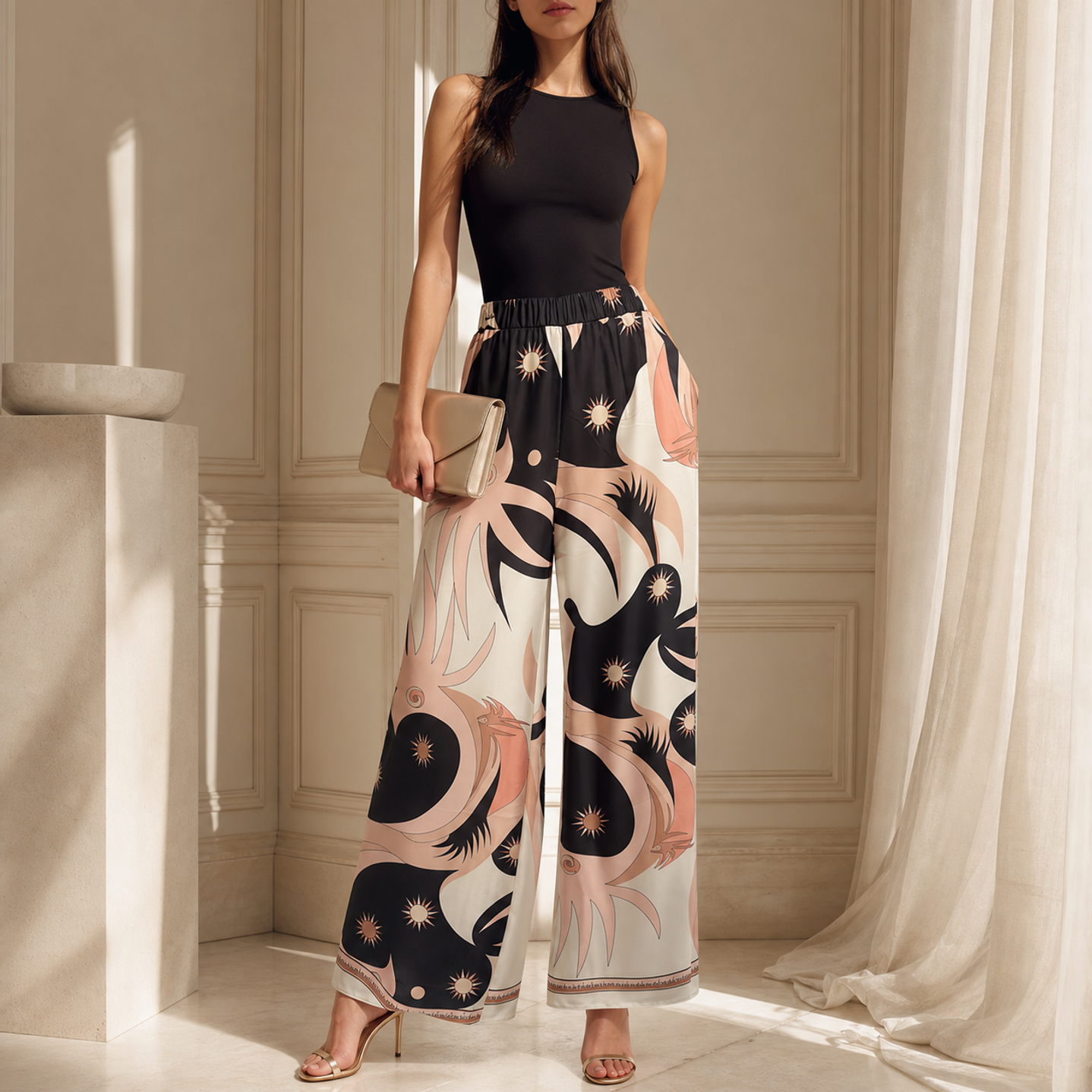 Black multi print palazzo trousers with starburst motifs, back view by Lord & Taylor Heritage