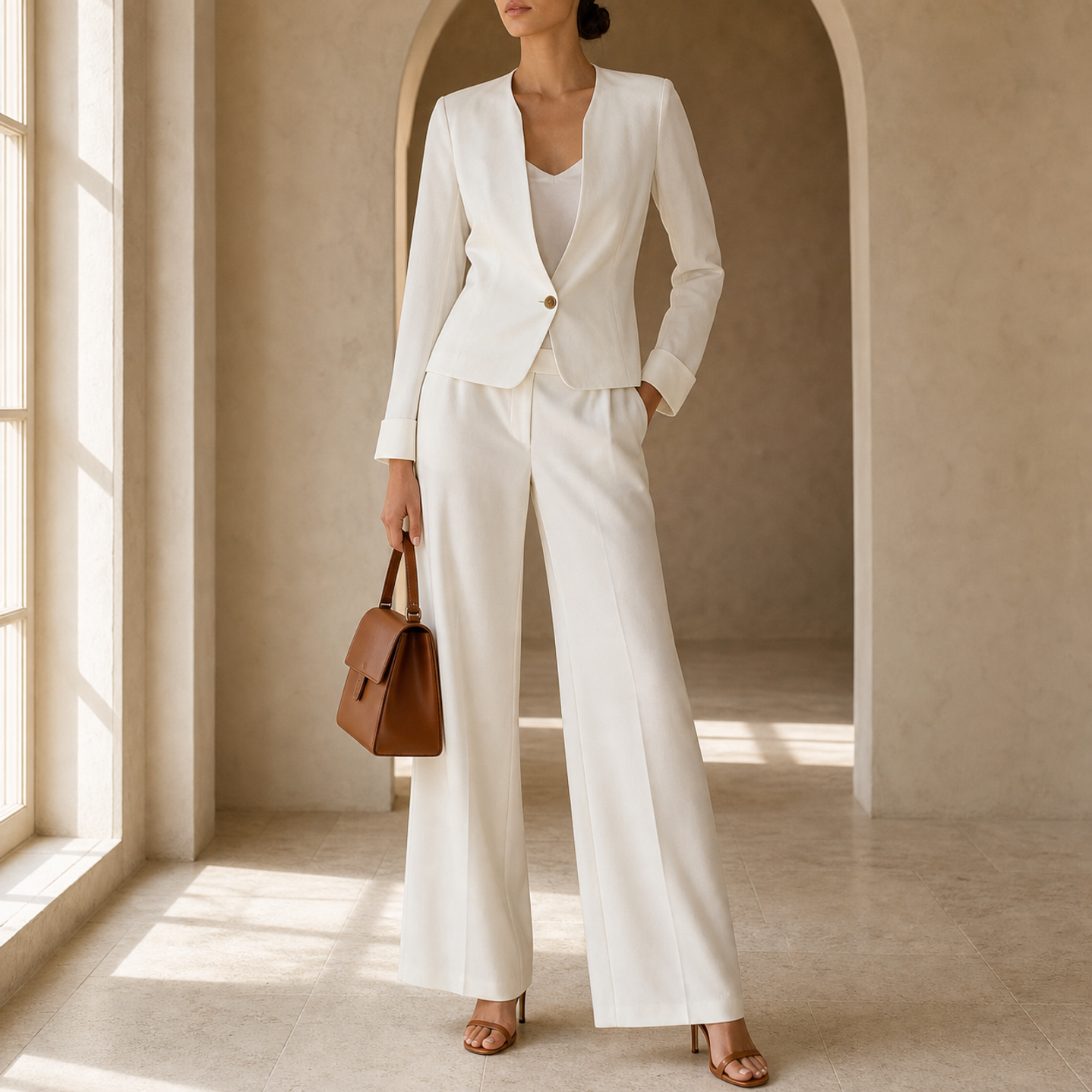 Ecru blazer with gold-tone buttons by Lord & Taylor Heritage, full-length side view on model