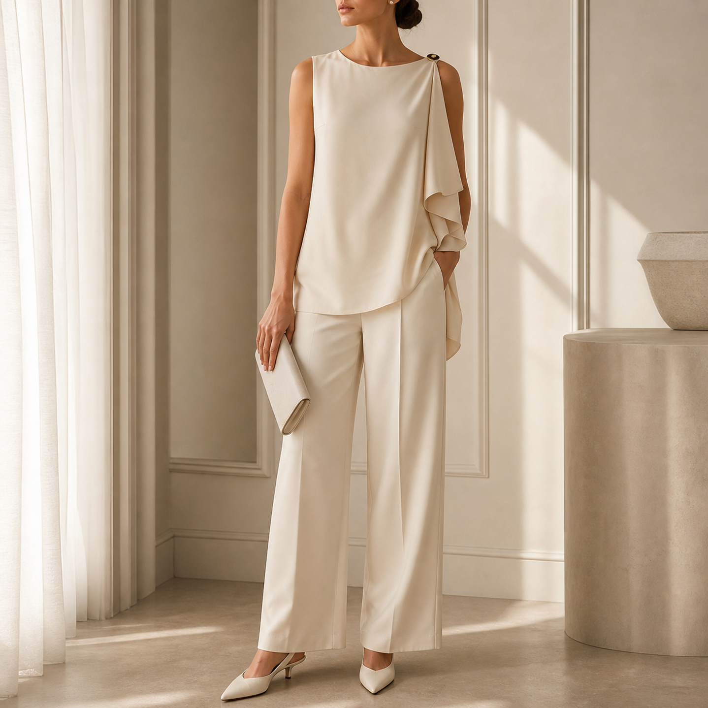 Beige full-length dress on model, front view by Lord & Taylor Heritage