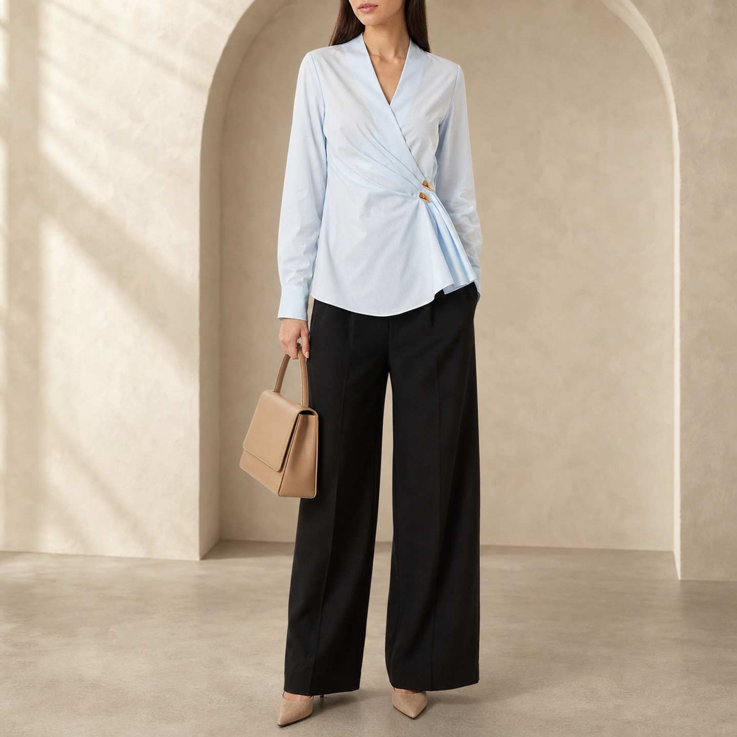Lord & Taylor Heritage Cotton Wrap Blouse, Powder Blue — on model, full length