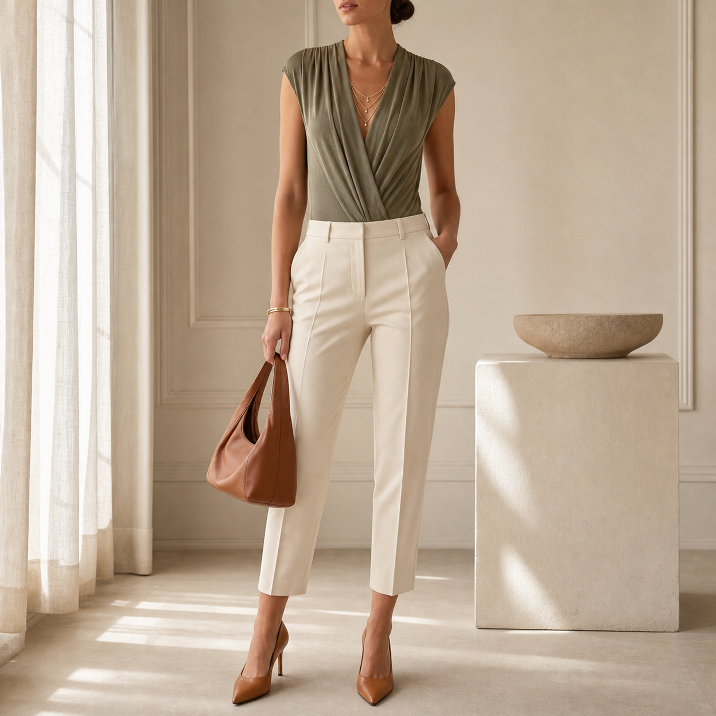Olive green draped bodysuit with wrap front by Lord & Taylor Heritage, full-length view on model