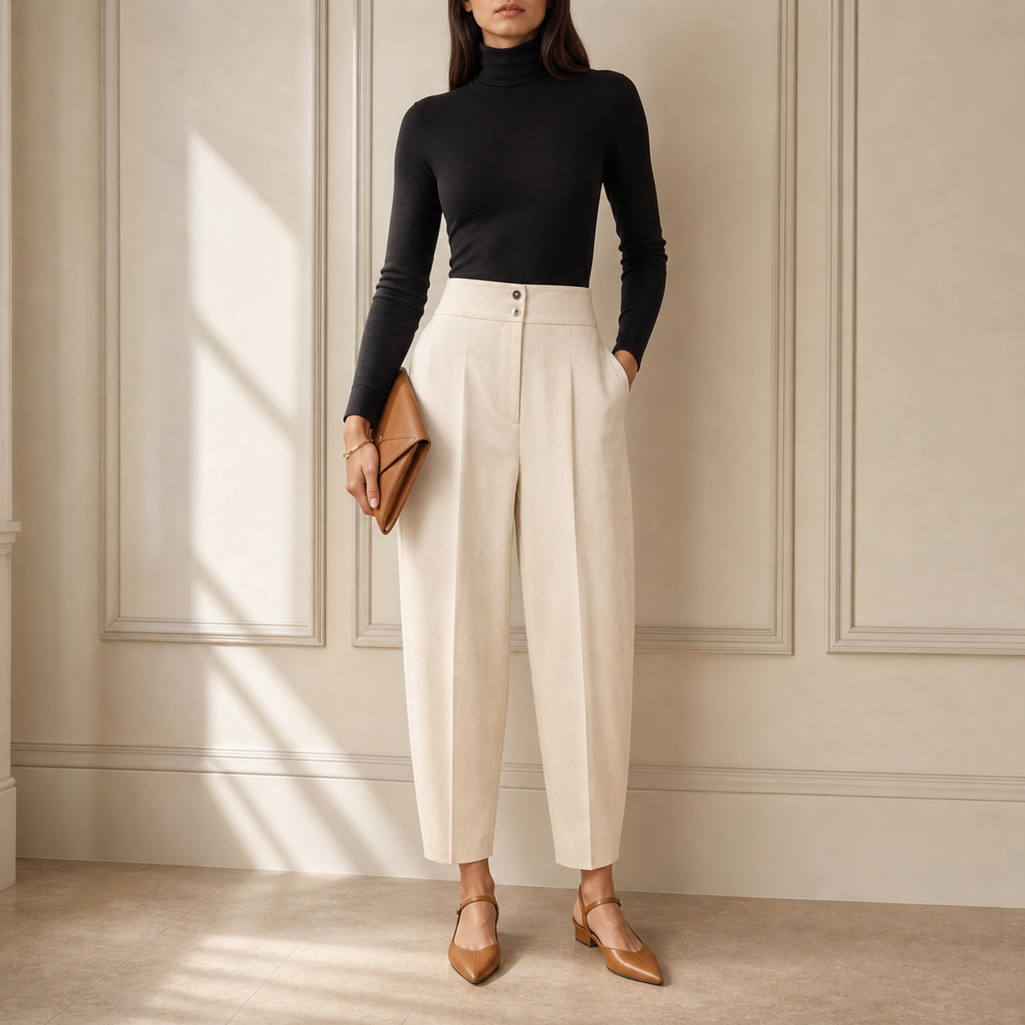 No belt loop line in front Lord & Taylor Heritage Barrel-Leg Trousers, Cream — on model, full length