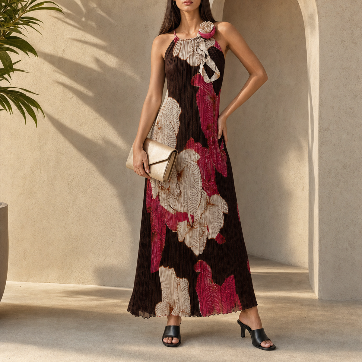 Brown floral halter maxi dress by Lord & Taylor Heritage, full-length front view on model