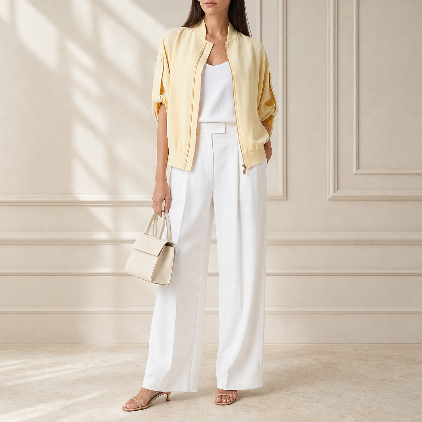Yellow bomber jacket with batwing sleeves by Lord & Taylor Heritage, full-length front view on model