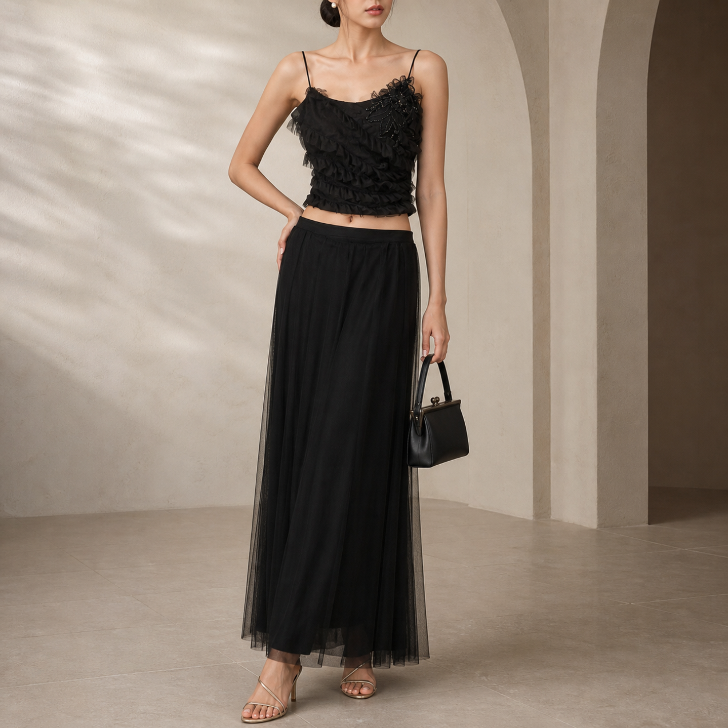 Black ruffle cami and tulle maxi skirt set by Lord & Taylor Heritage, full-length front view