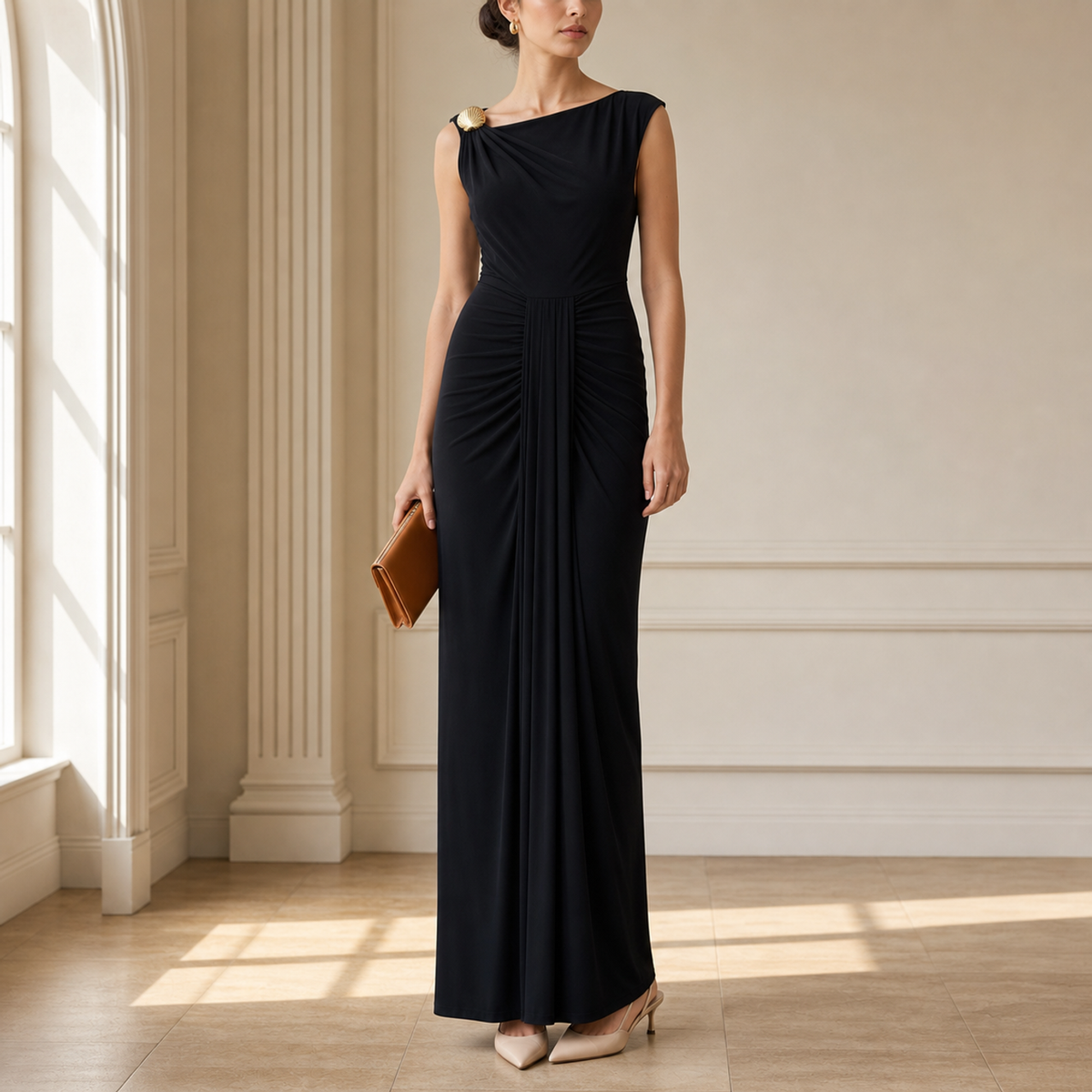 Lord & Taylor Heritage Asymmetric Jersey Gown, Black — on model, full length