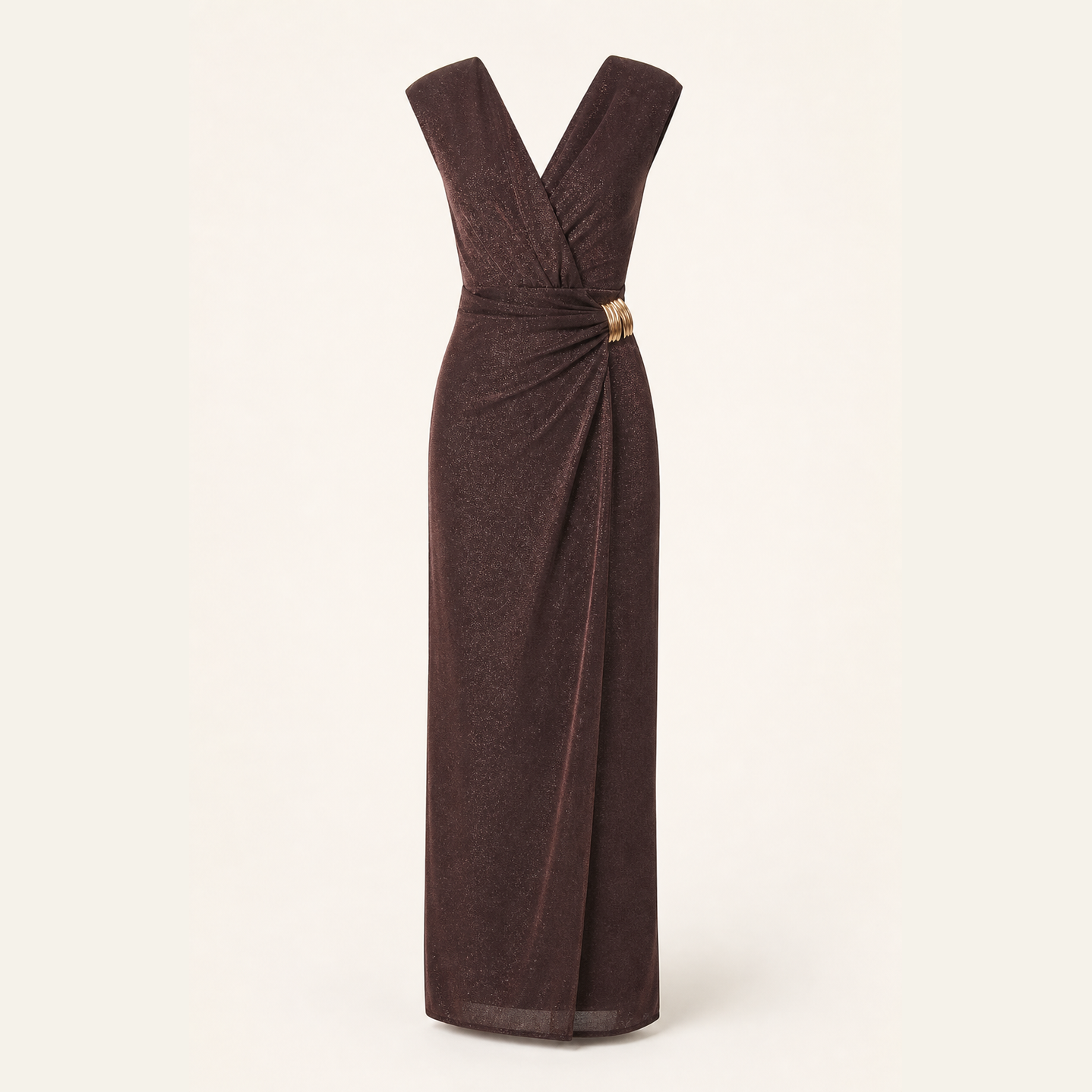 Lord & Taylor Heritage bronze sleeveless gown with twist waist, flat product view