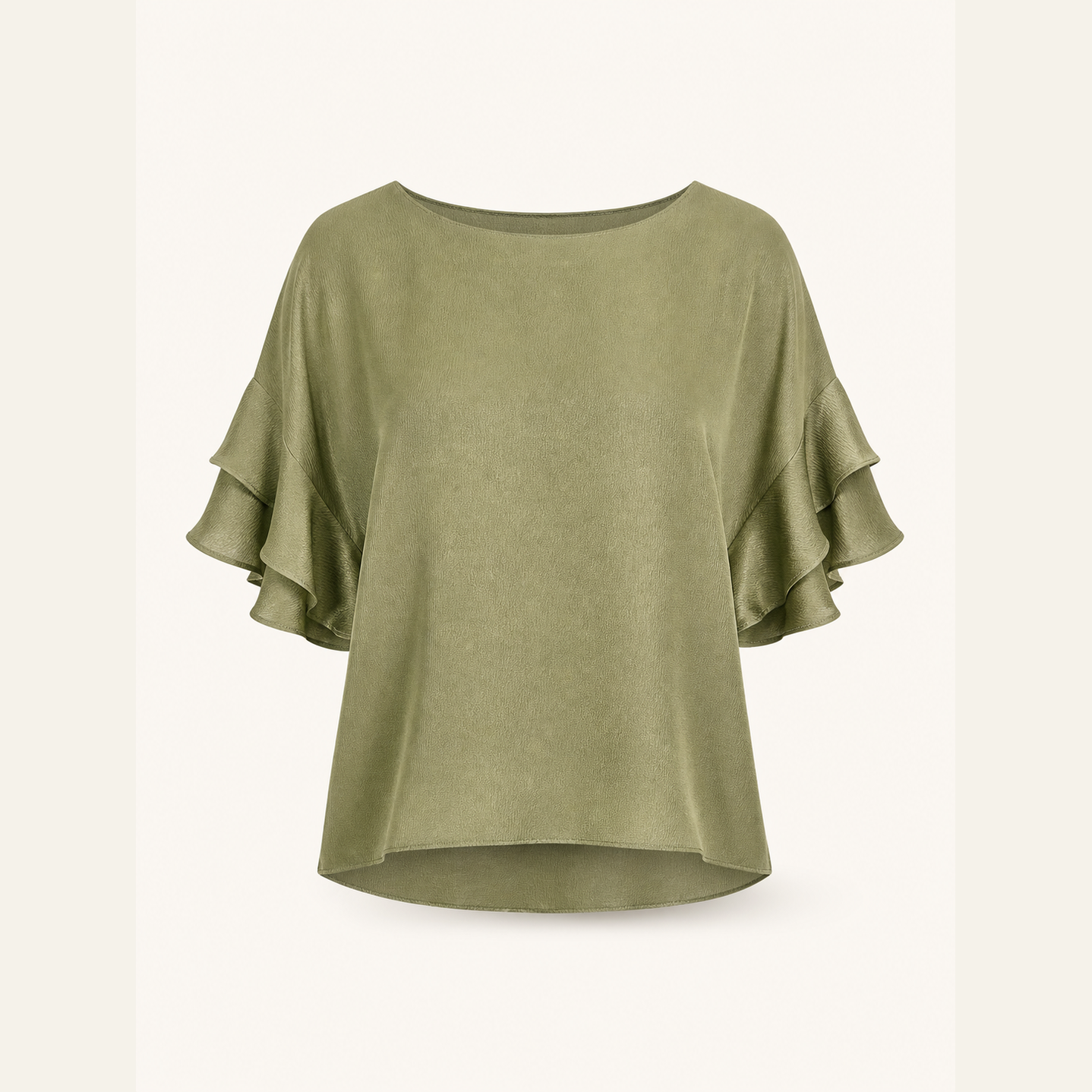 Olive green ruffle-sleeve top by Lord & Taylor Heritage, flat lay product view