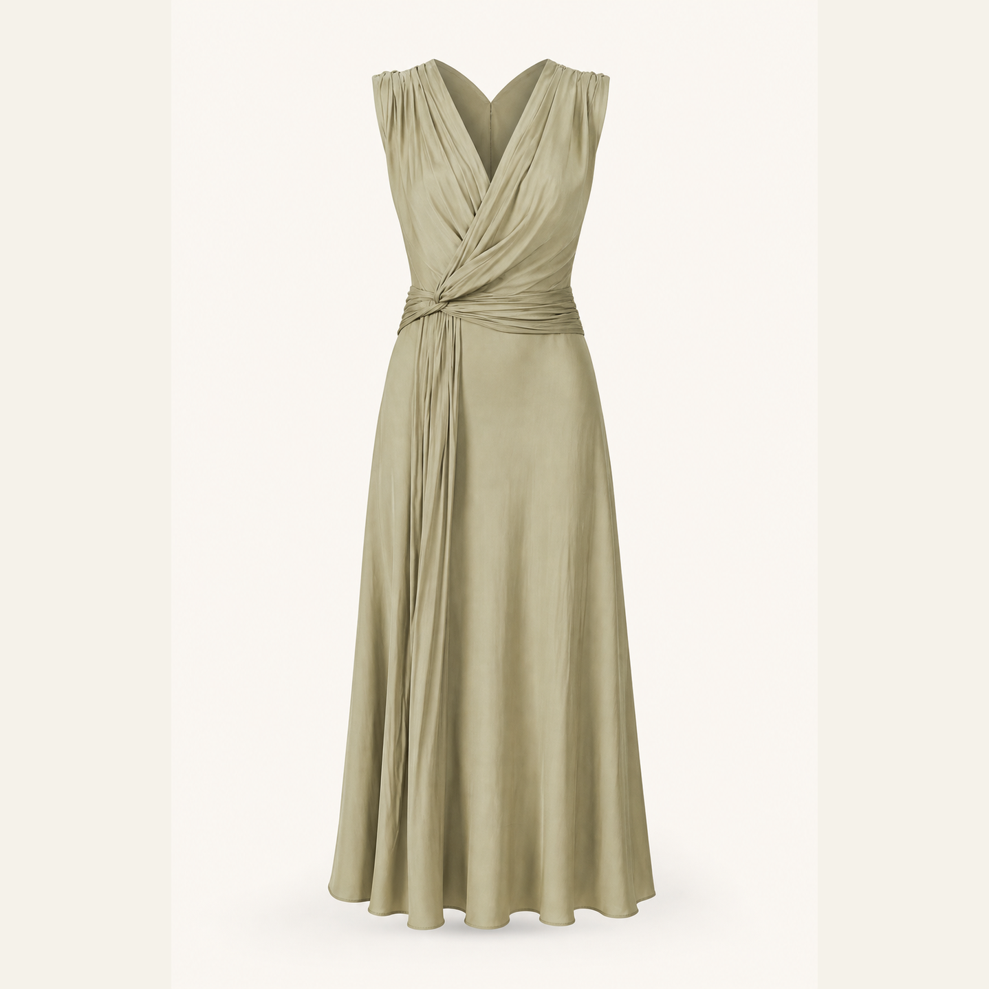 Lord & Taylor Heritage sage satin midi dress with bias-cut skirt, flat lay