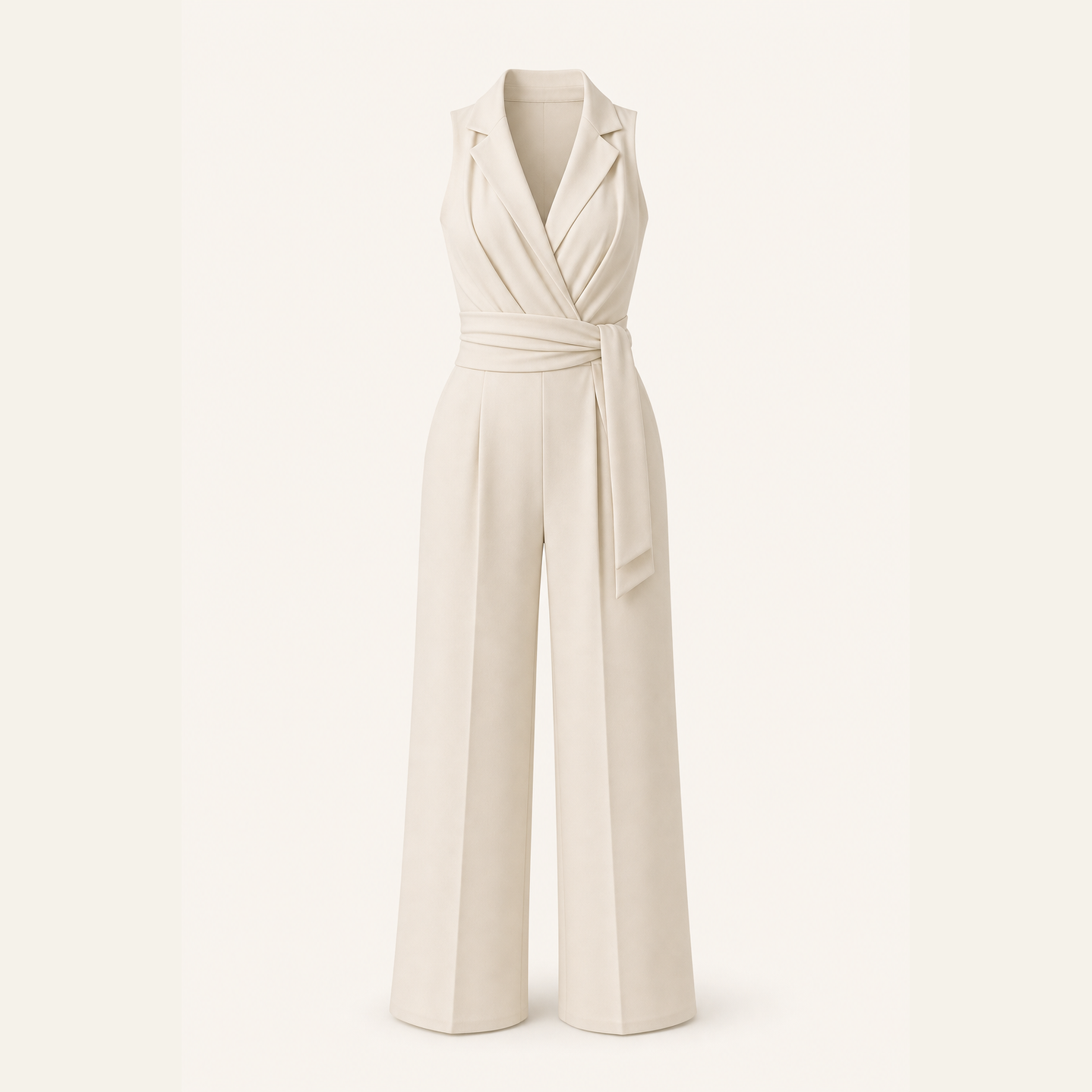 Cream wrap jumpsuit flat lay product shot by Lord & Taylor Heritage