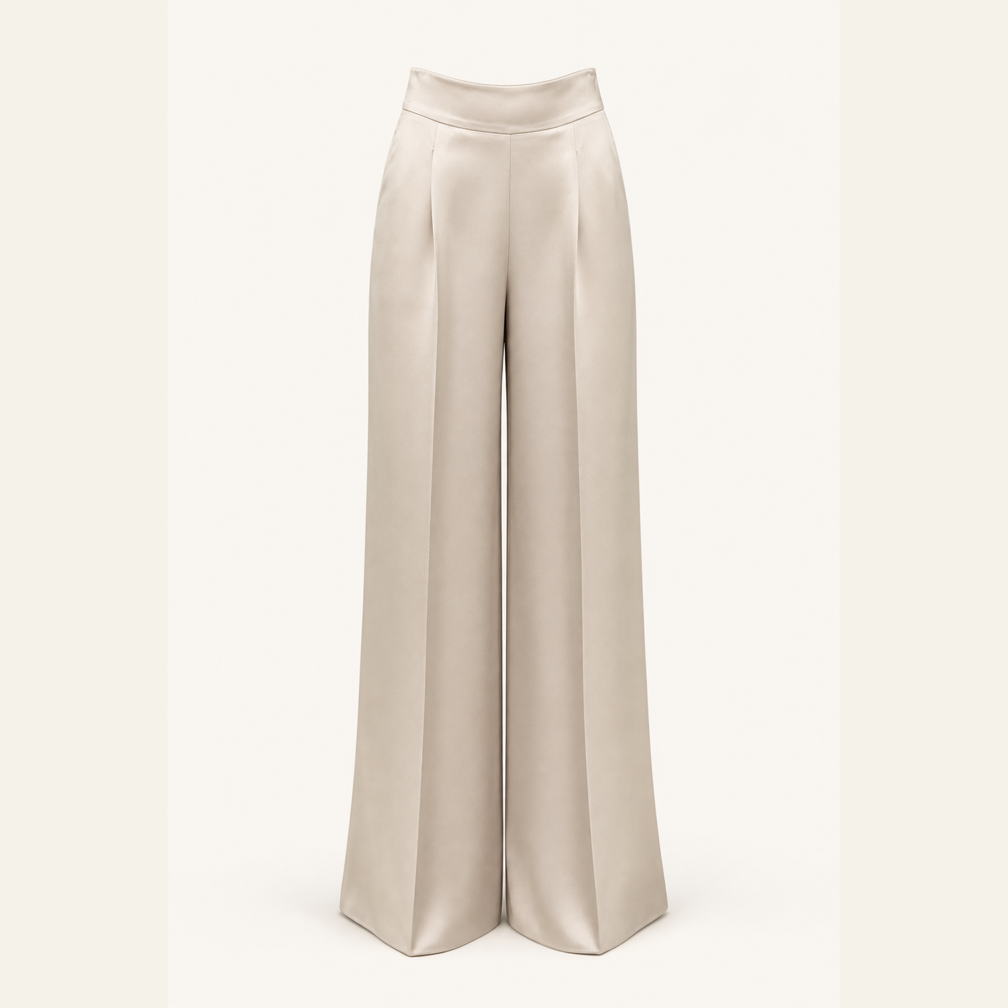 Champagne satin wide-leg trousers flat lay product shot by Lord & Taylor Heritage