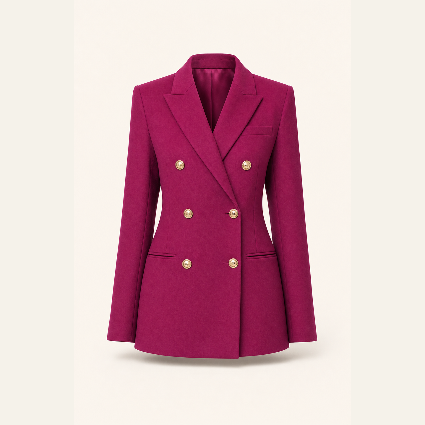 Magenta double-breasted blazer with nipped waist, flat product shot