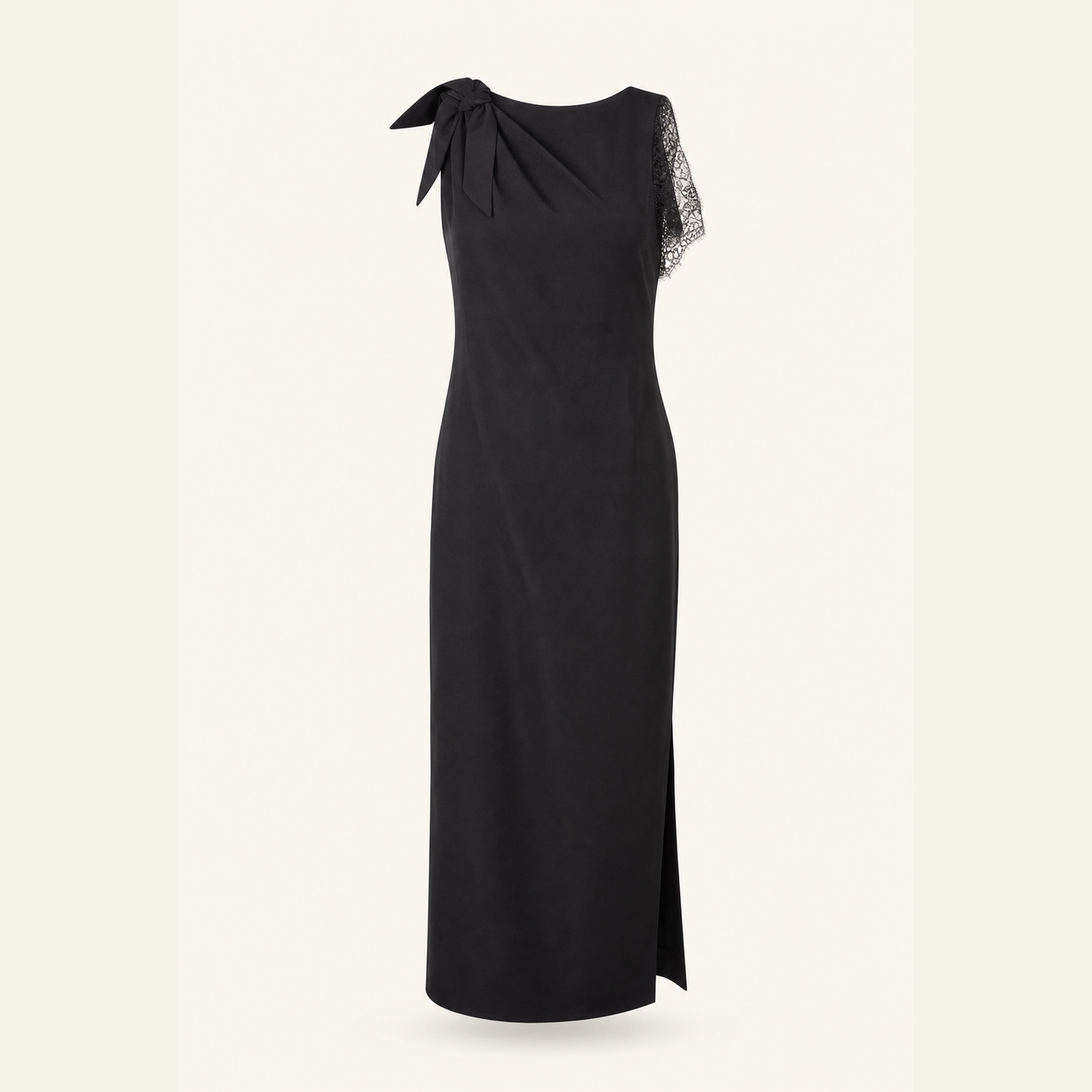Black sleeveless column midi dress by Lord & Taylor Heritage, flat product view
