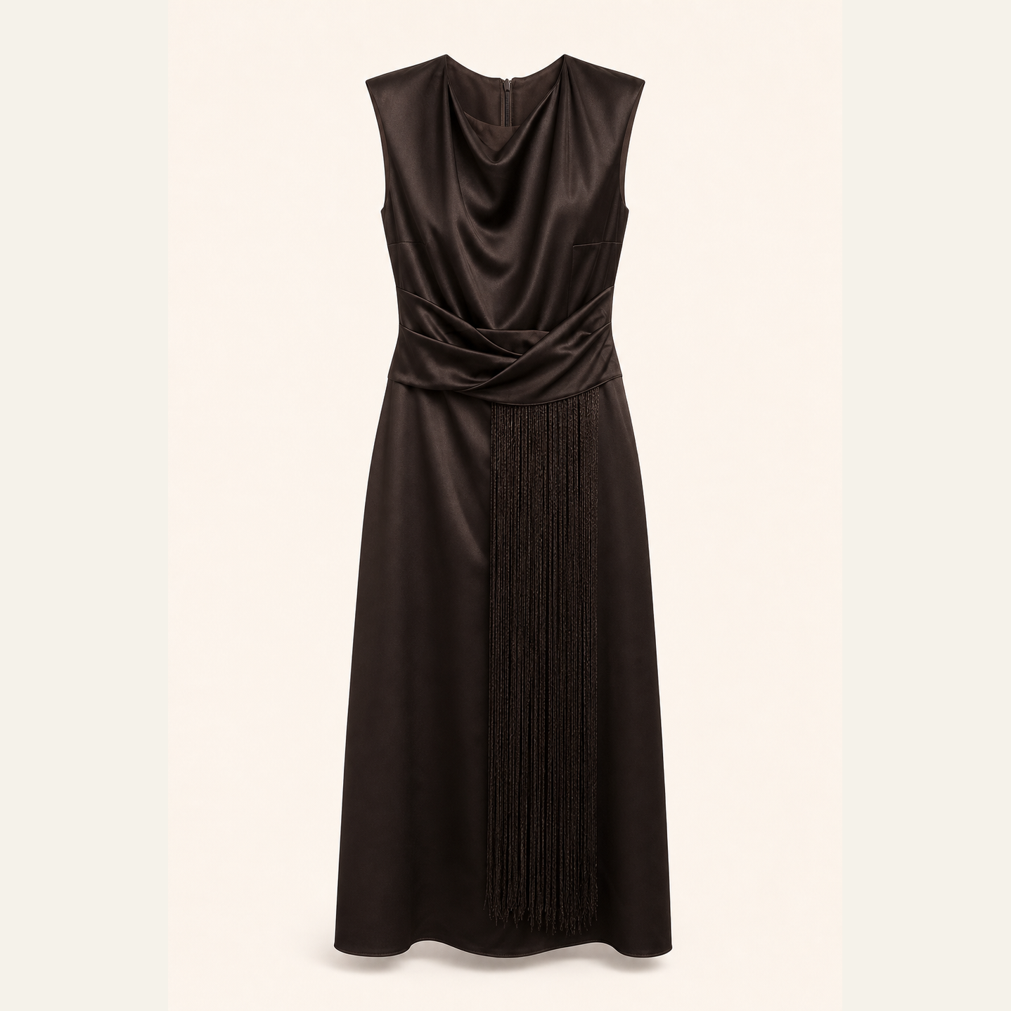 Espresso brown satin fringe maxi dress flat lay by Lord & Taylor Heritage