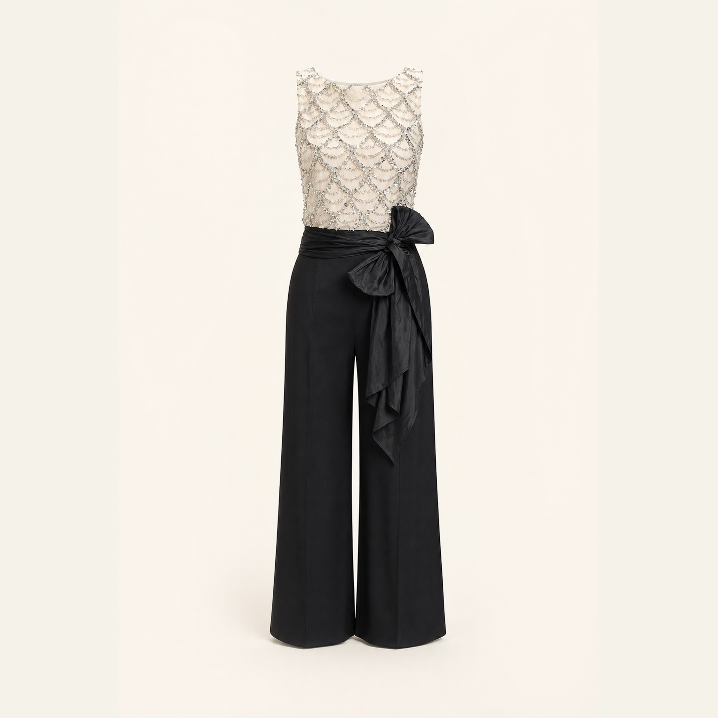 Beige sequin top and black wide-leg trousers two-piece set, flat lay by Lord & Taylor Heritage