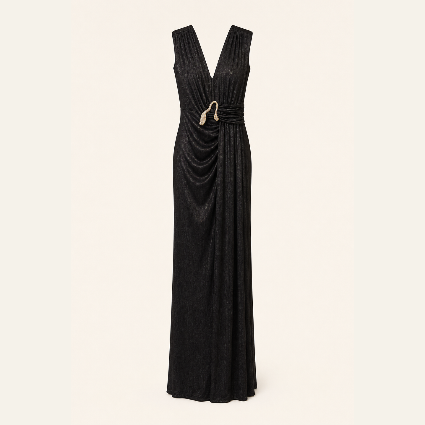 Black metallic maxi gown with draped shoulders, back view by Lord & Taylor Heritage