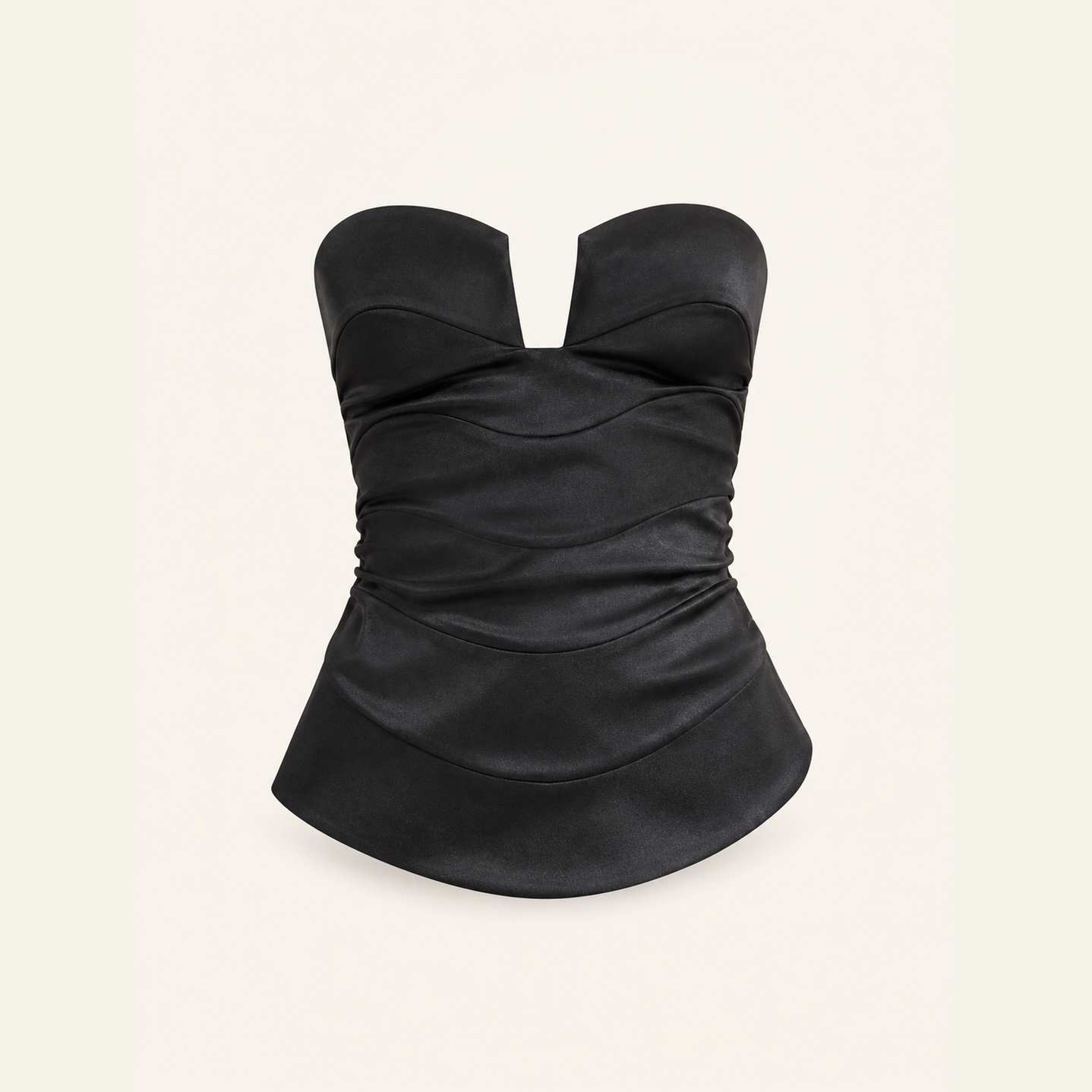 Black satin bustier top with dropped peplum hem, flat product shot