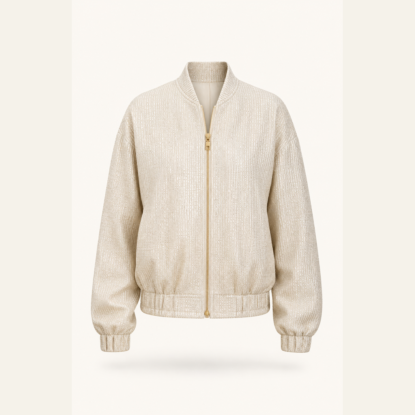 Lord & Taylor Heritage gold bomber jacket flat lay product shot