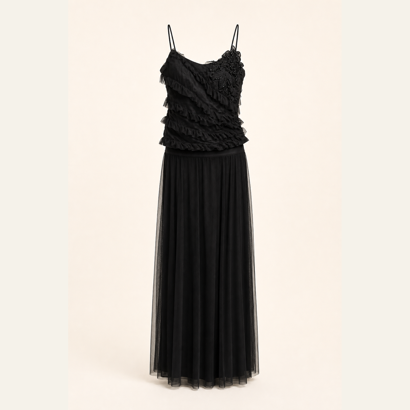 Black Lord & Taylor Heritage two-piece set with ruffle cami and layered tulle skirt, flat lay