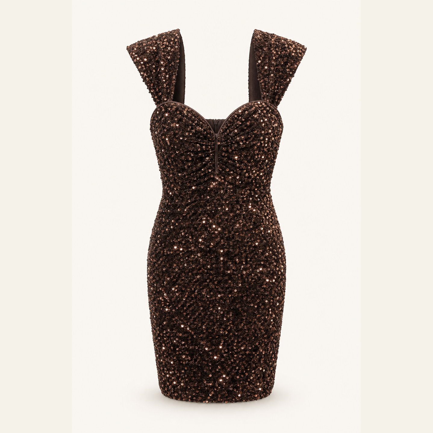 Bronze sequin bustier mini dress with fitted silhouette, flat lay by Lord & Taylor Heritage