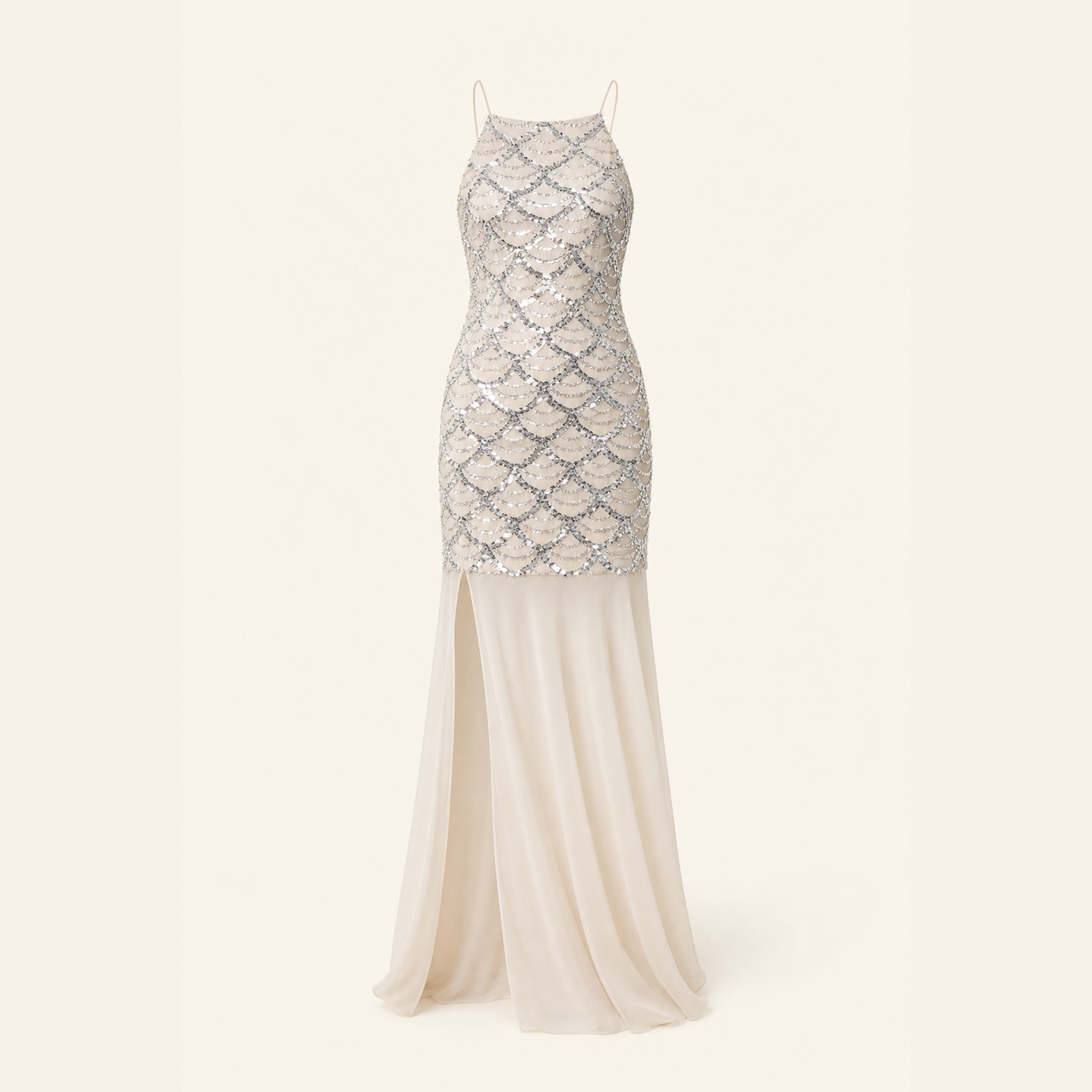 Lord & Taylor Heritage ecru sequin maxi dress, flat product shot