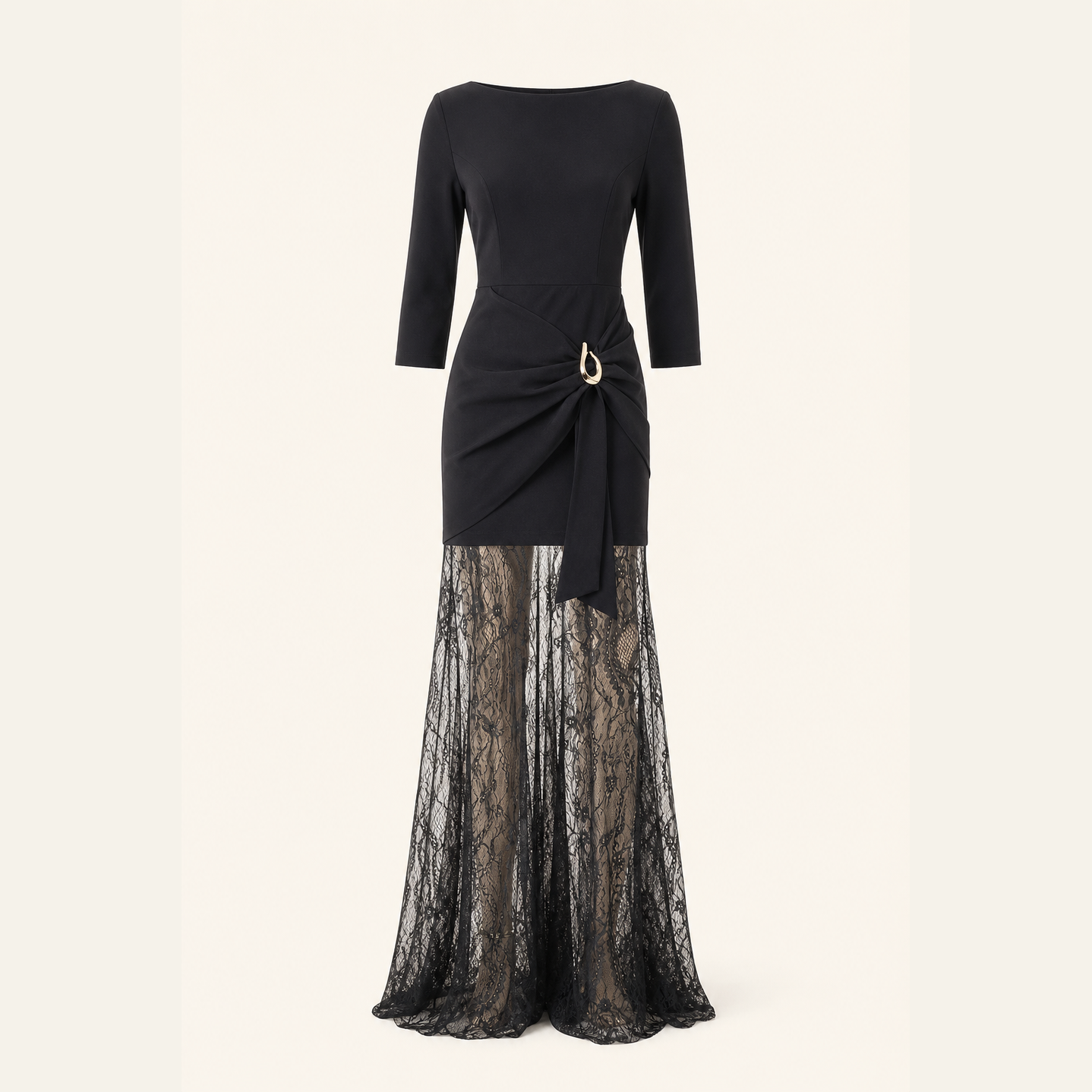 Black lace-overlay gown flat lay showing full silhouette and floral lace overlay