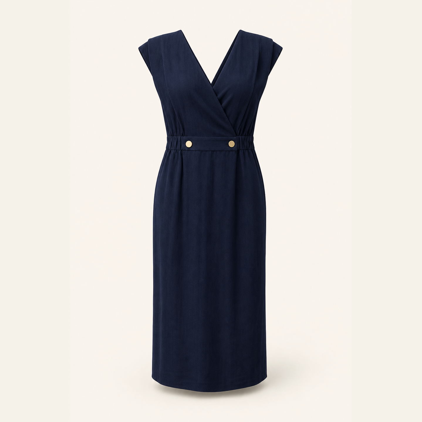 Navy sleeveless midi dress with button tabs by Lord & Taylor Heritage, flat lay