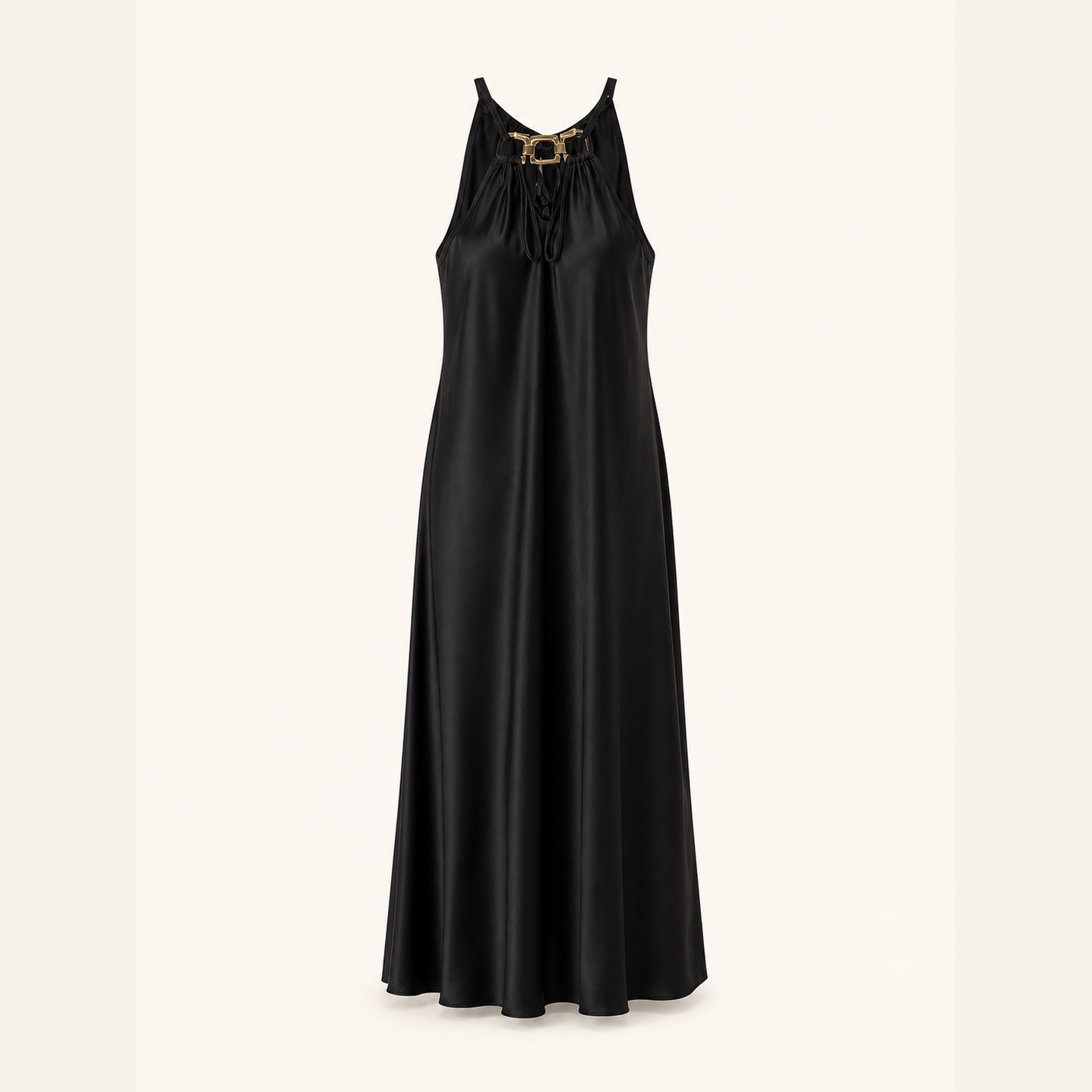 Black halter maxi dress with gold chain by Lord & Taylor Heritage, flat product view