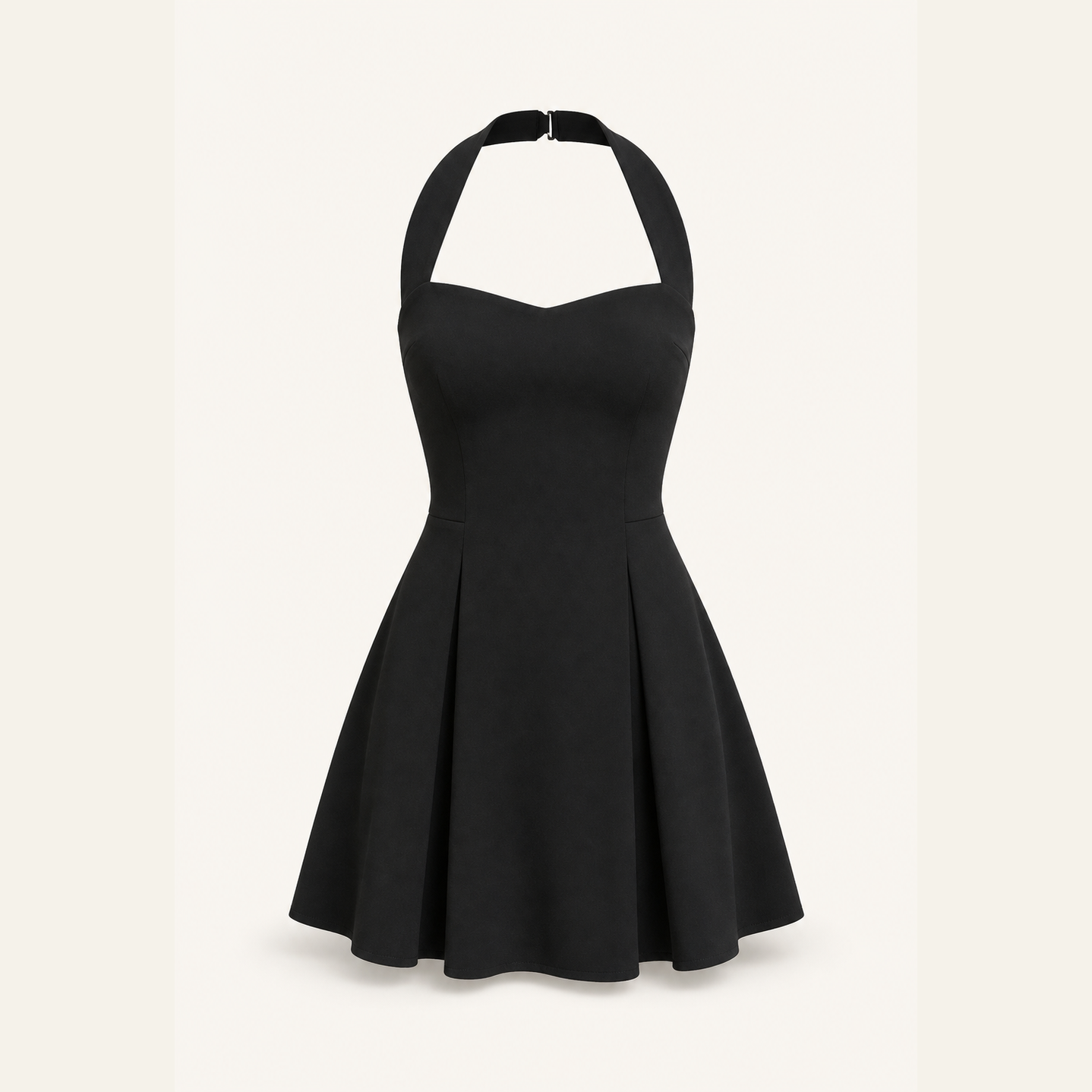 Black structured mini dress with fitted bodice and A-line skirt, flat product shot
