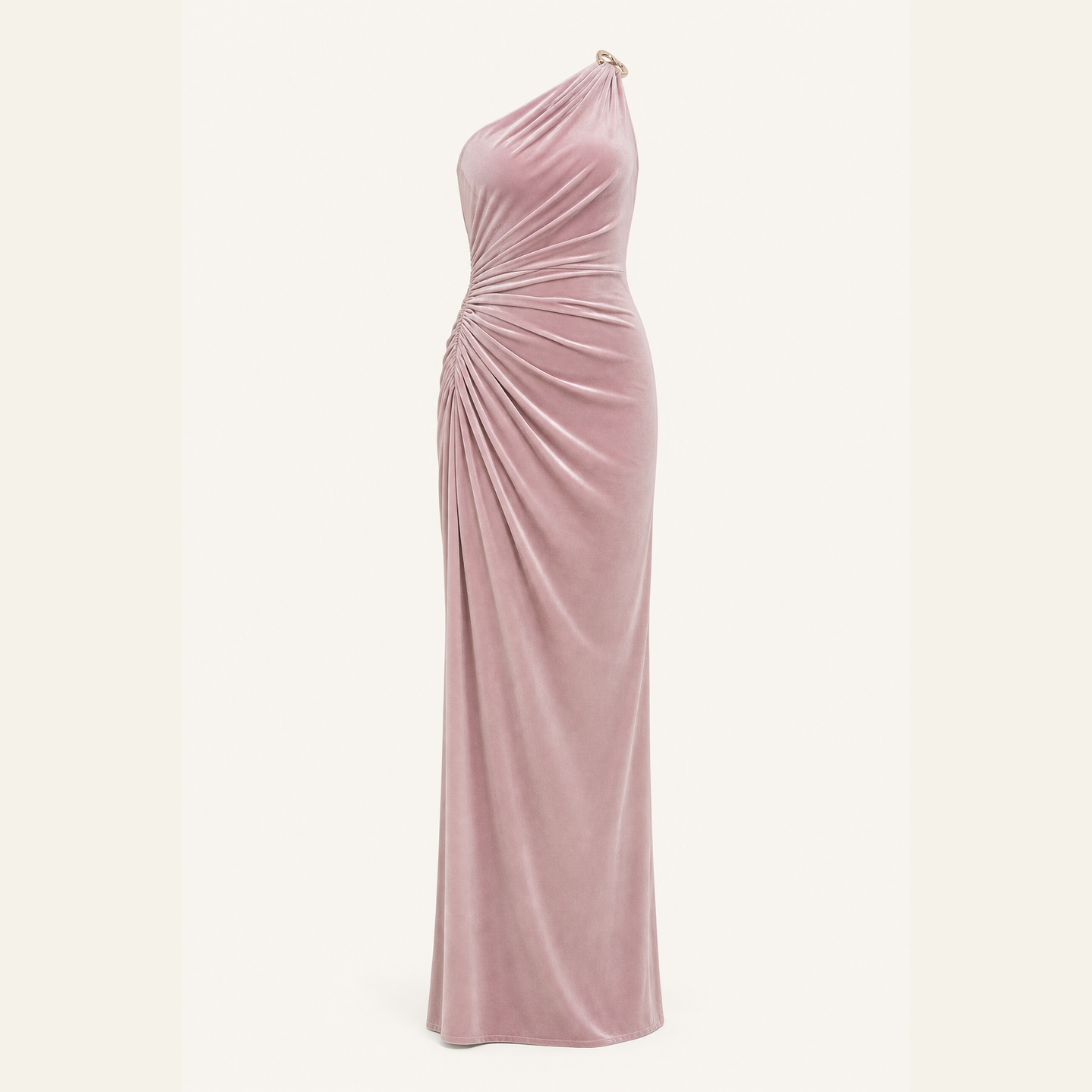 Mauve pink velvet one-shoulder gown by Lord & Taylor Heritage, flat product view
