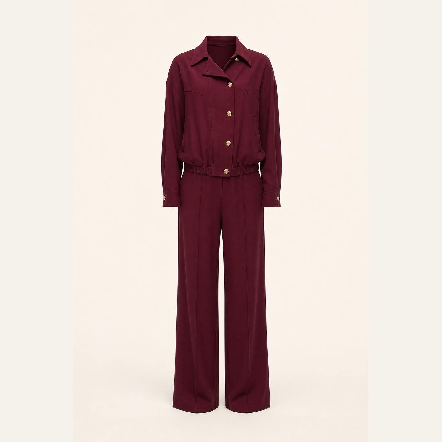 Burgundy bomber jacket with elasticated hem, flat product shot by Lord & Taylor Heritage