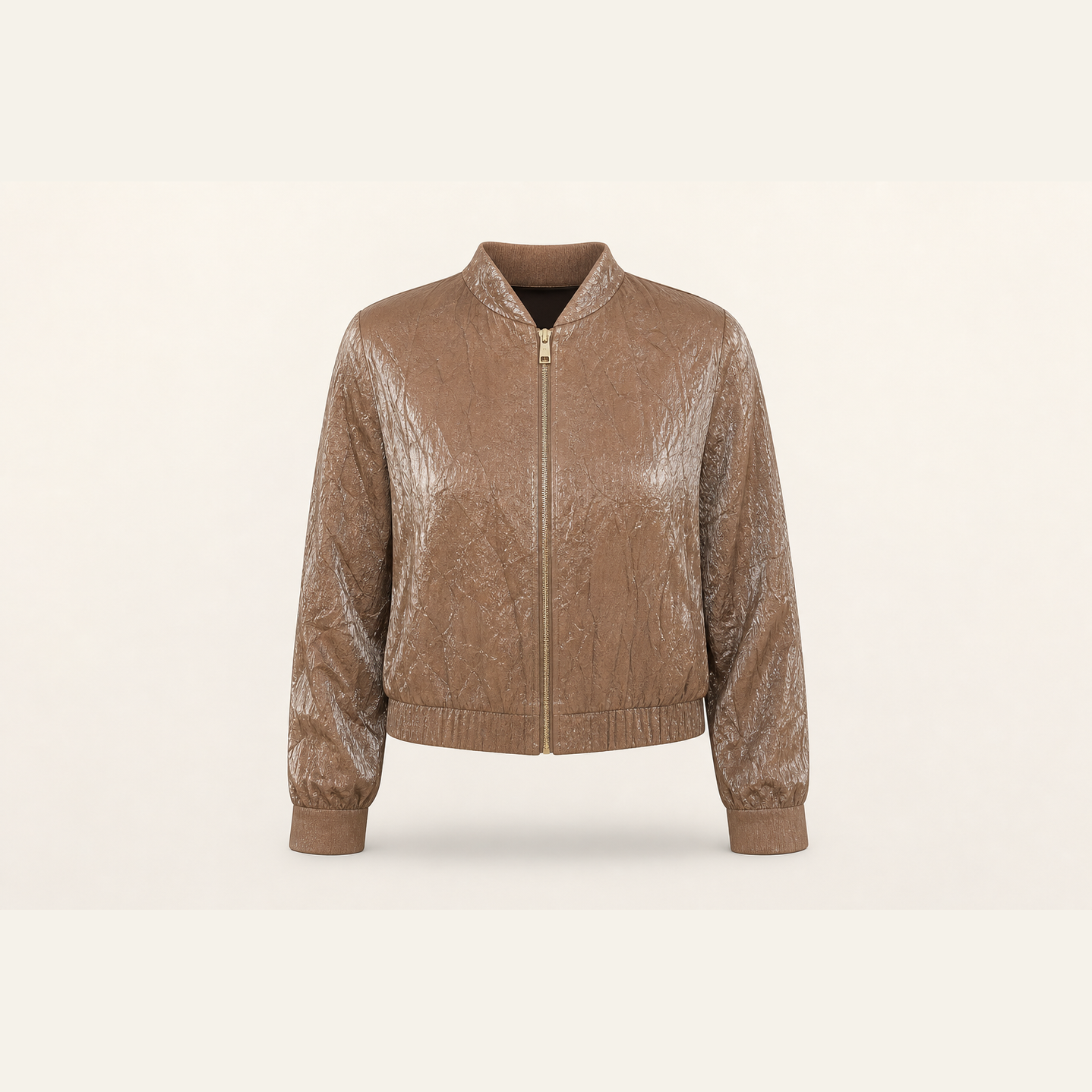 Taupe metallic bomber jacket flat lay product shot by Lord & Taylor Heritage