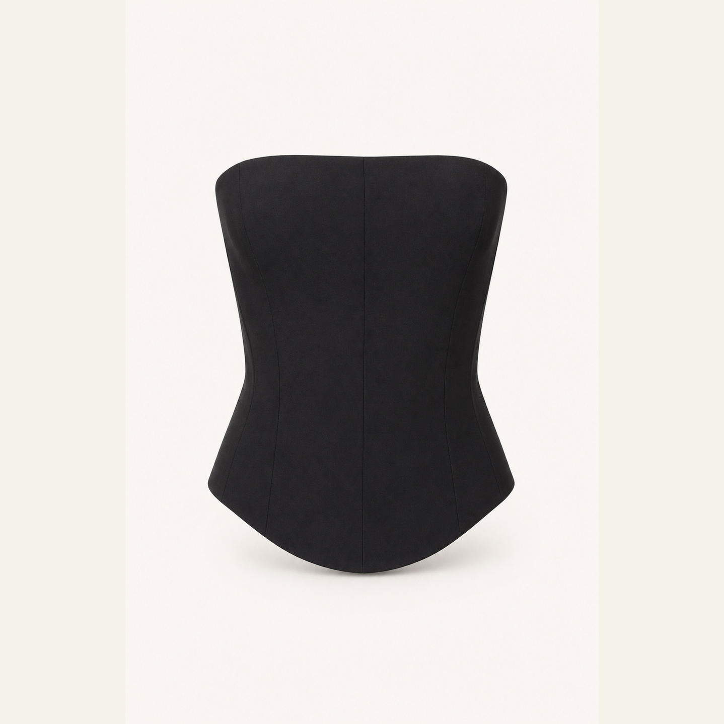 Black corset bustier top flat lay showing construction and seaming