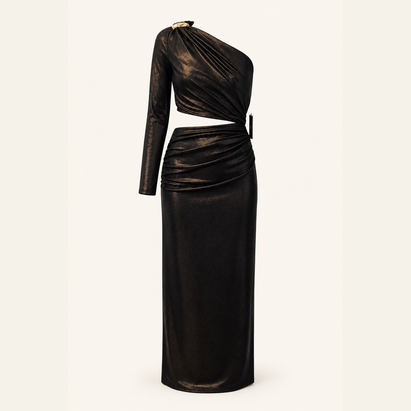 Black and gold metallic one-shoulder maxi dress, flat product shot by Lord & Taylor Heritage
