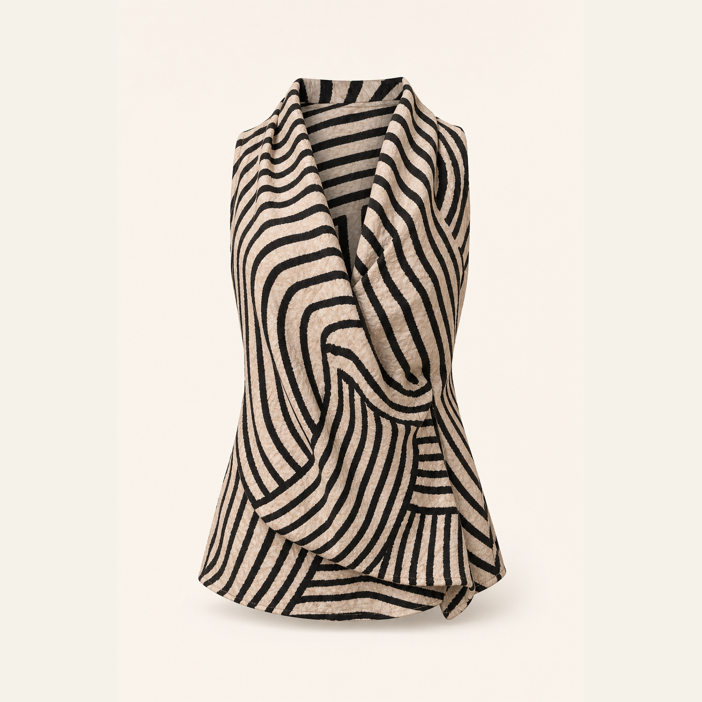 Black and cream geometric stripe wrap top, flat product shot showing asymmetric drape