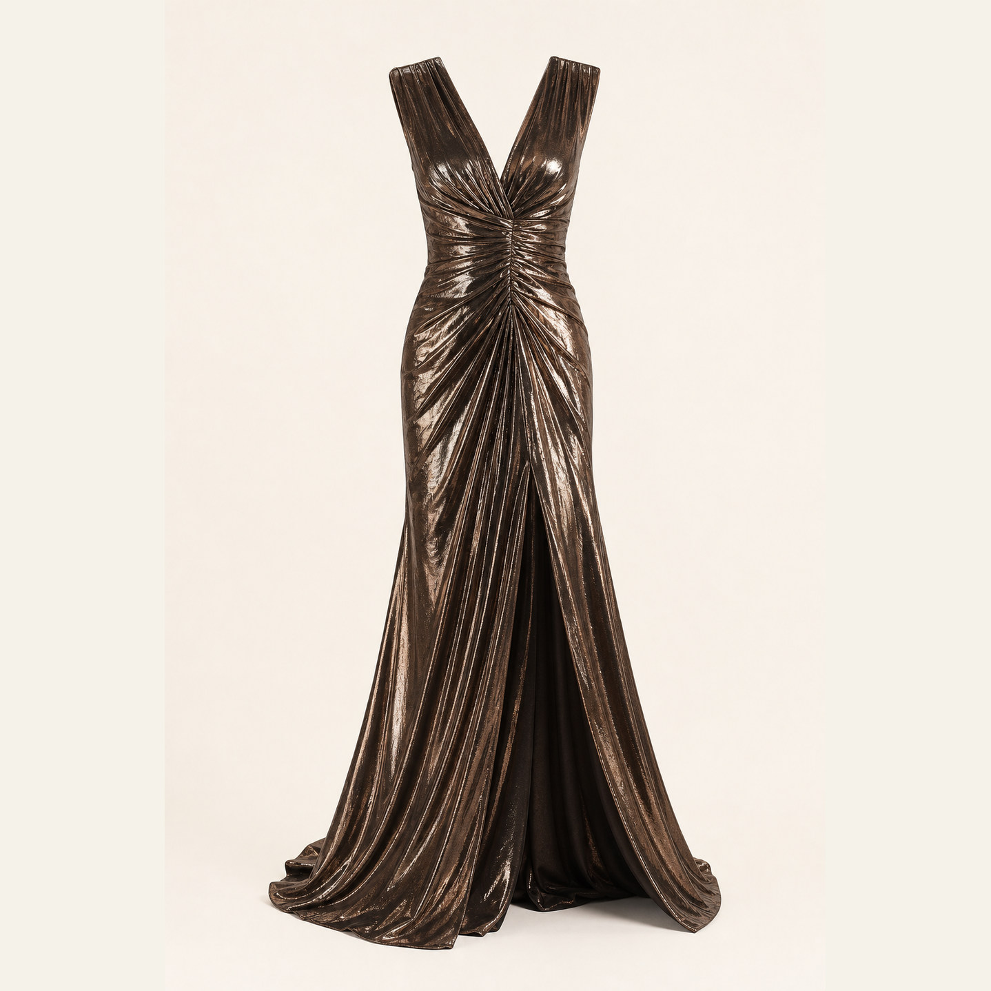 Bronze metallic floor-length gown flat lay by Lord & Taylor Heritage
