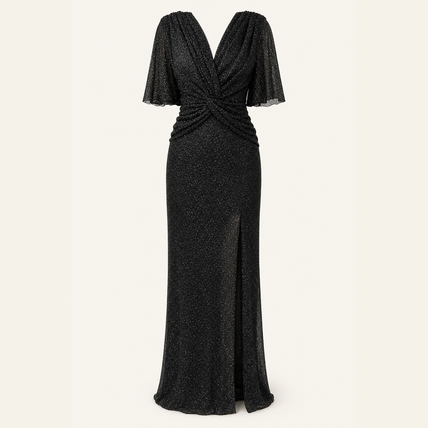 Black glittering maxi gown with side slit by Lord & Taylor Heritage, flat lay