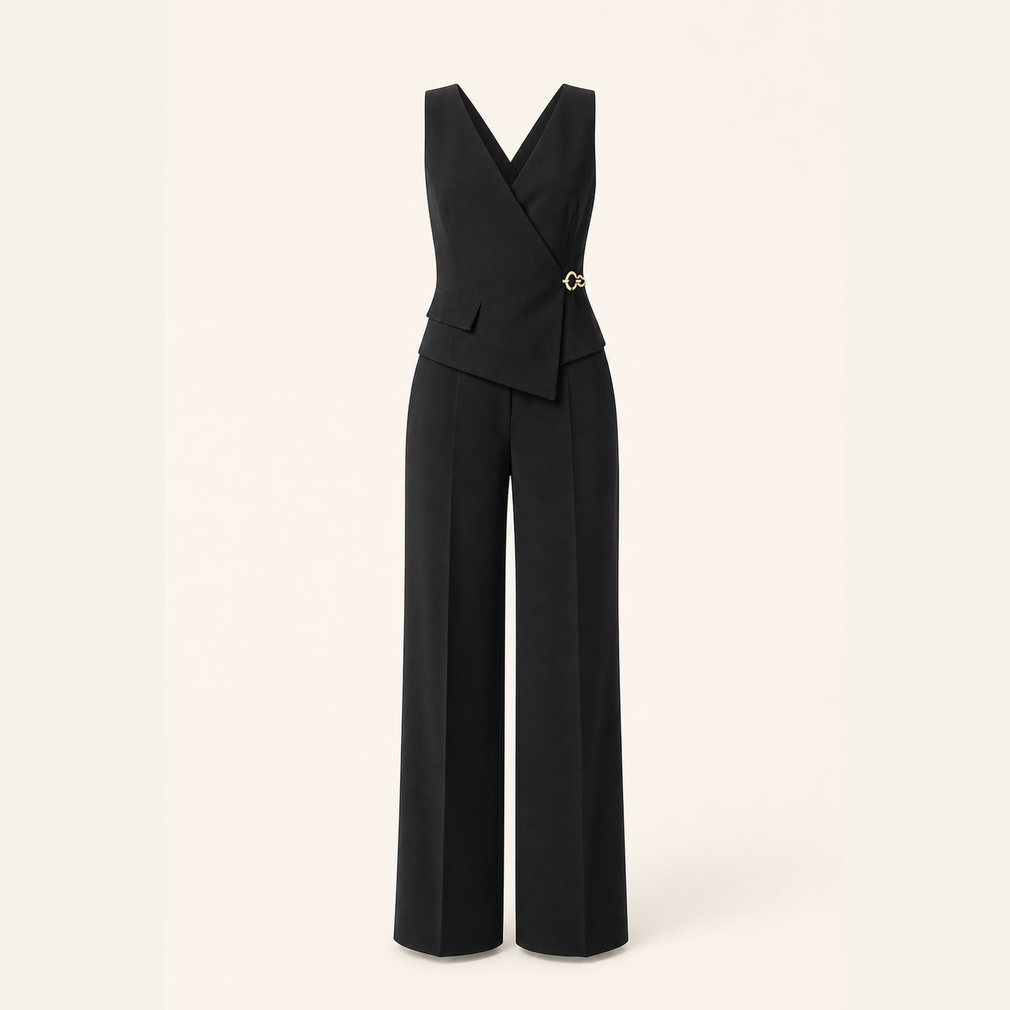 Black wide-leg jumpsuit with asymmetric wrap hem by Lord & Taylor Heritage, flat lay