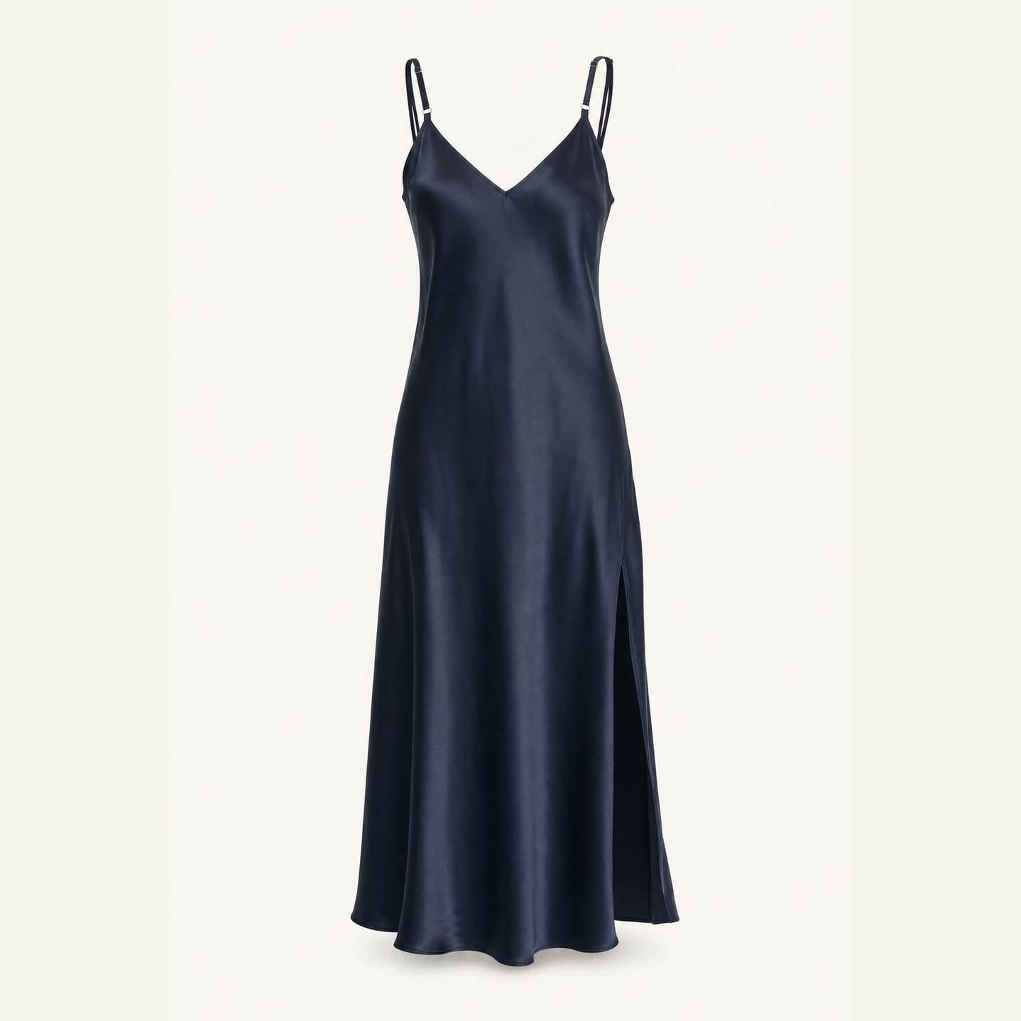 Navy satin slip dress flat lay product shot by Lord & Taylor Heritage