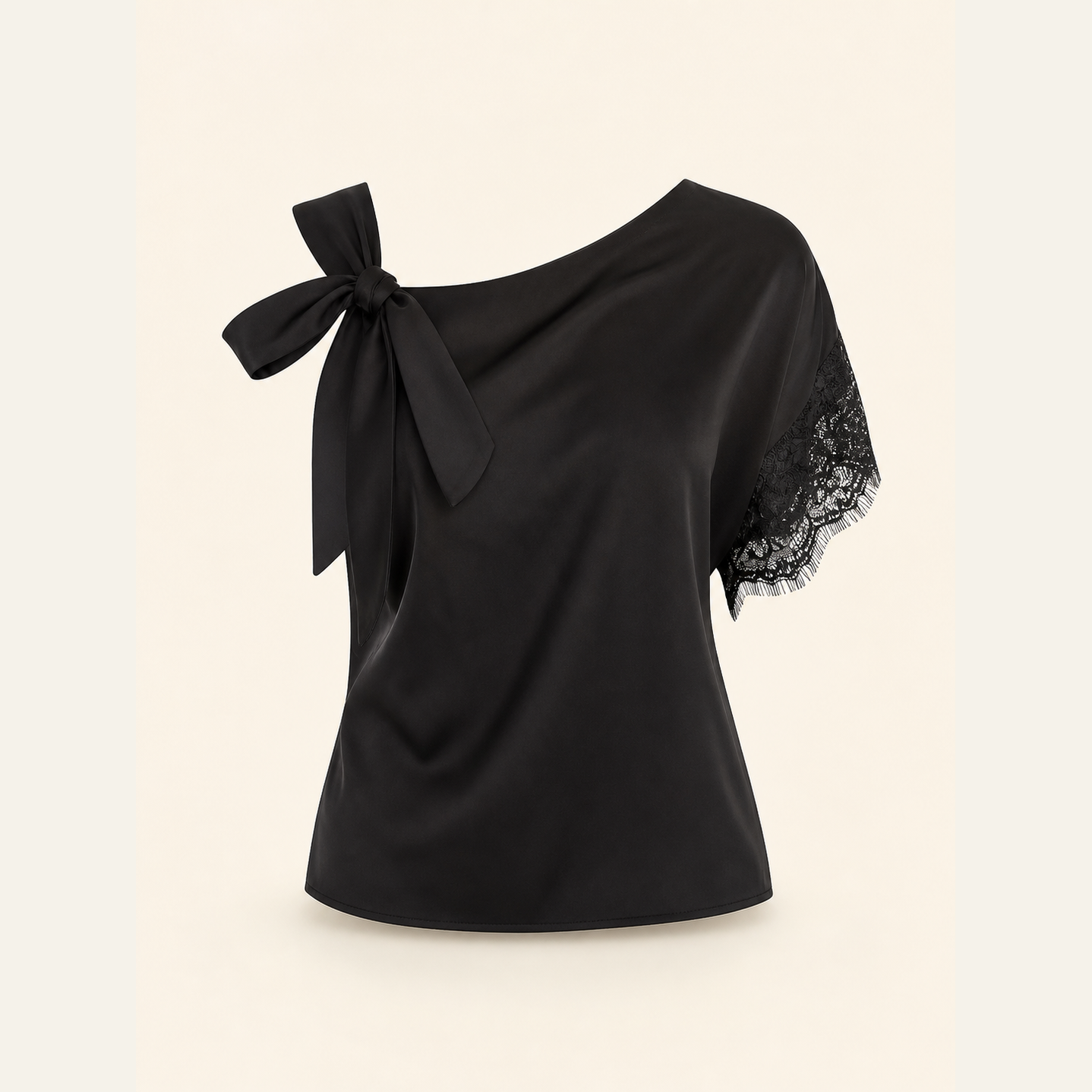 Black one-shoulder top with draped silhouette by Lord & Taylor Heritage, flat lay