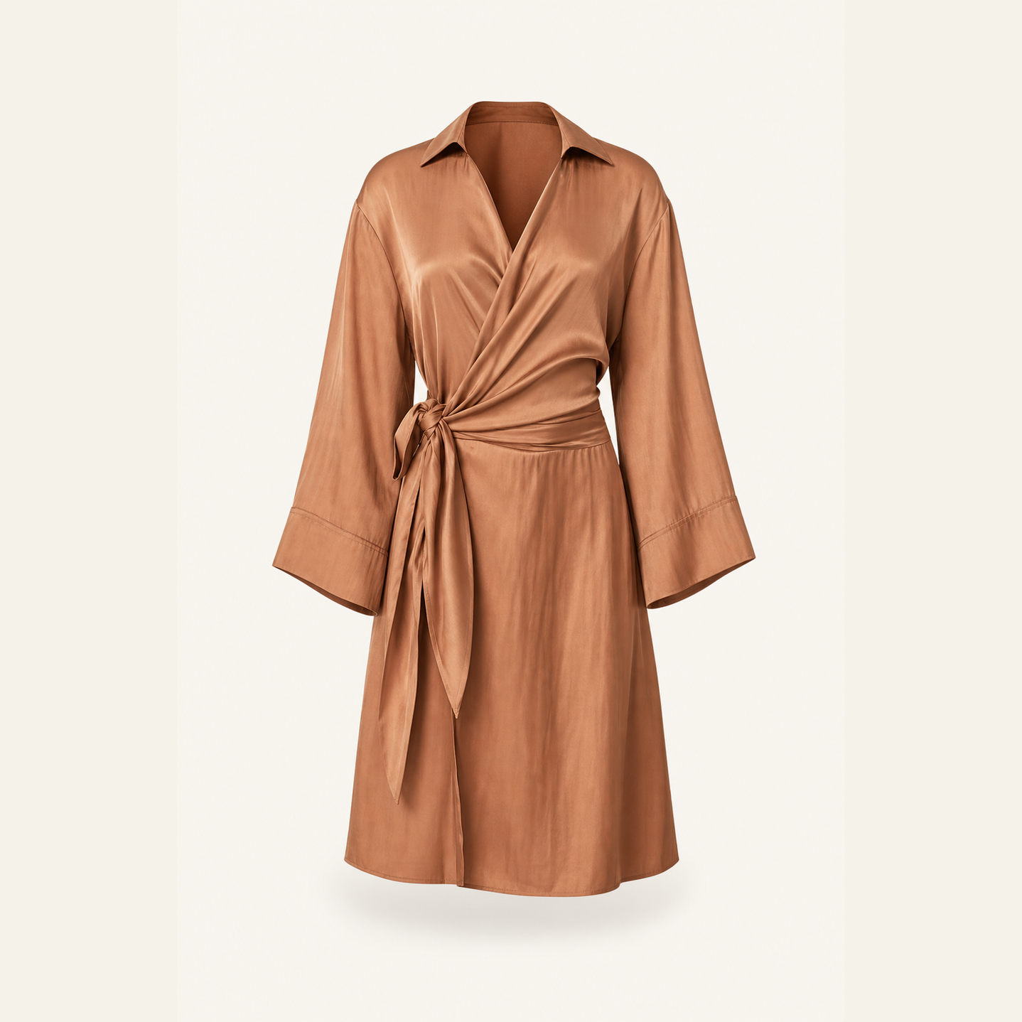 Lord & Taylor Heritage camel satin wrap dress flat lay product shot