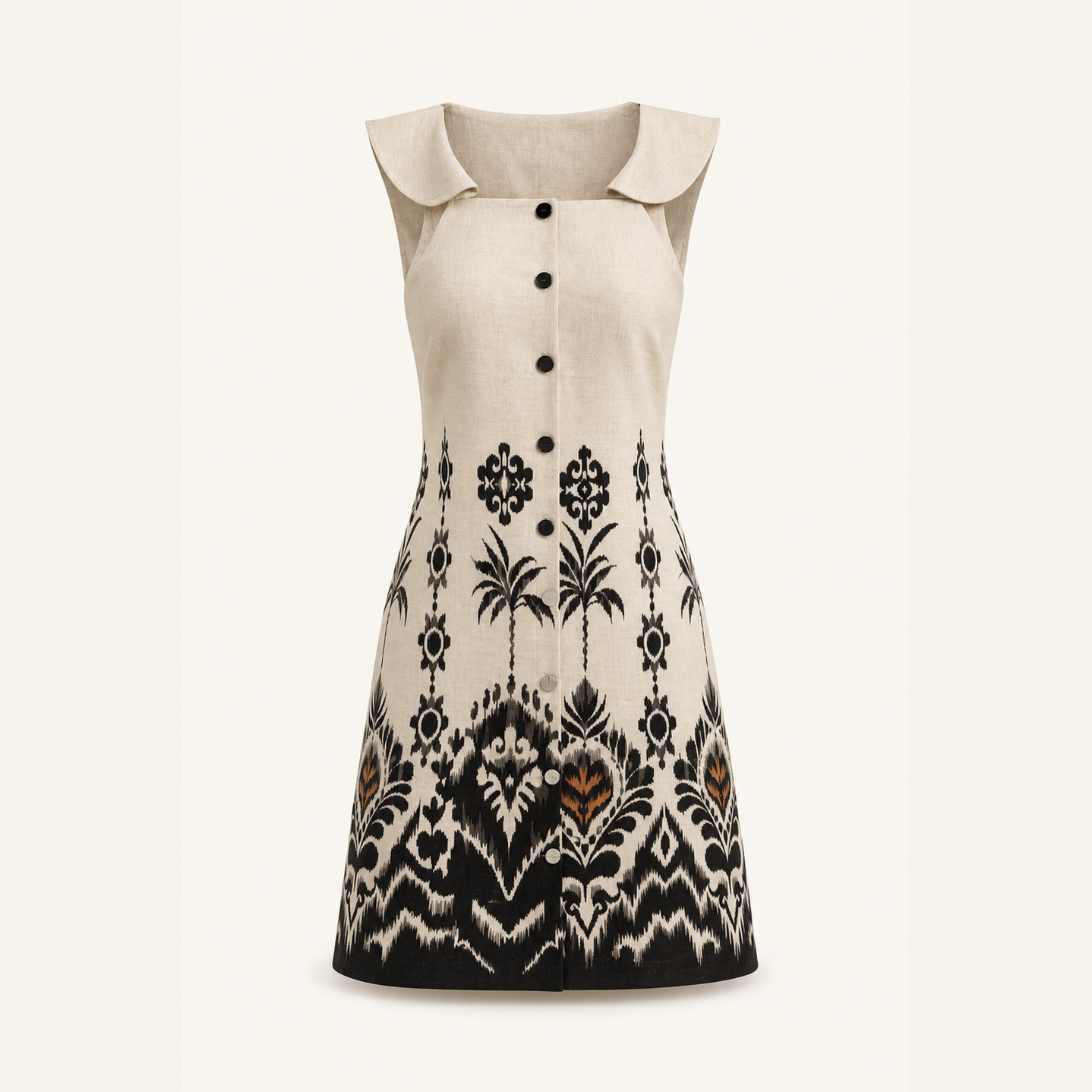 Lord & Taylor Heritage sleeveless shift dress flat lay showing full ikat print pattern