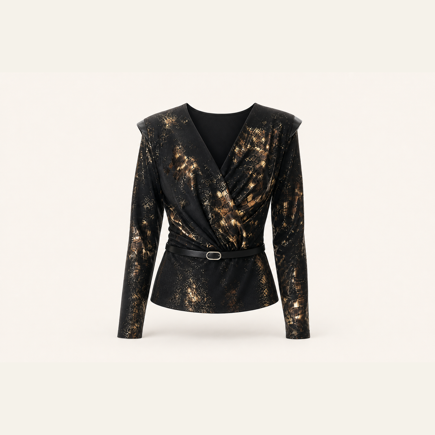 Gold metallic snake print wrap top, flat lay product shot