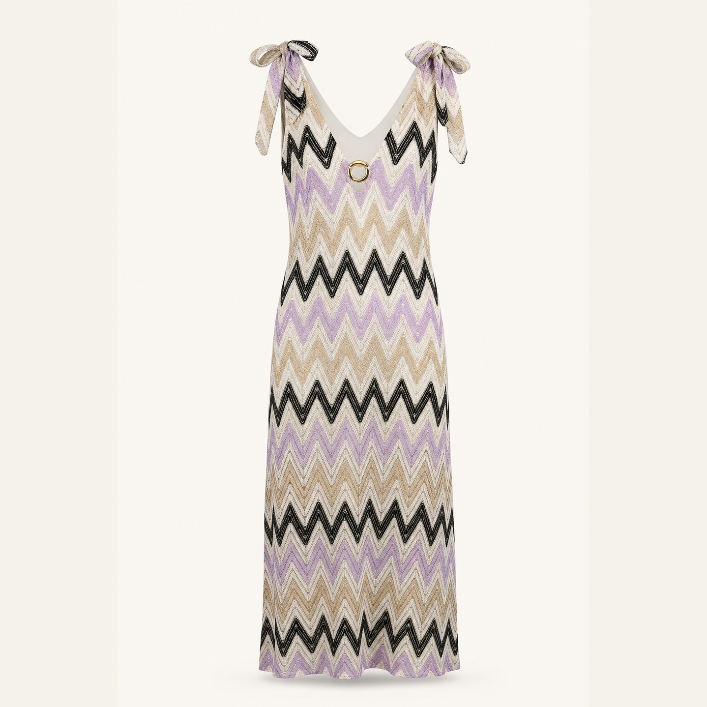 Lilac chevron knit midi dress with zigzag pattern, flat product shot