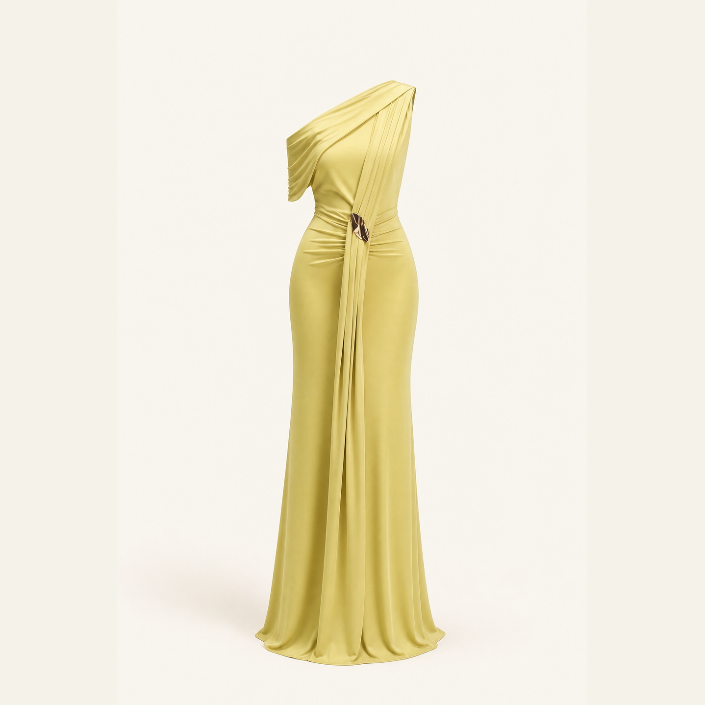 Chartreuse draped jersey gown flat lay showing asymmetric silhouette by Lord & Taylor Heritage
