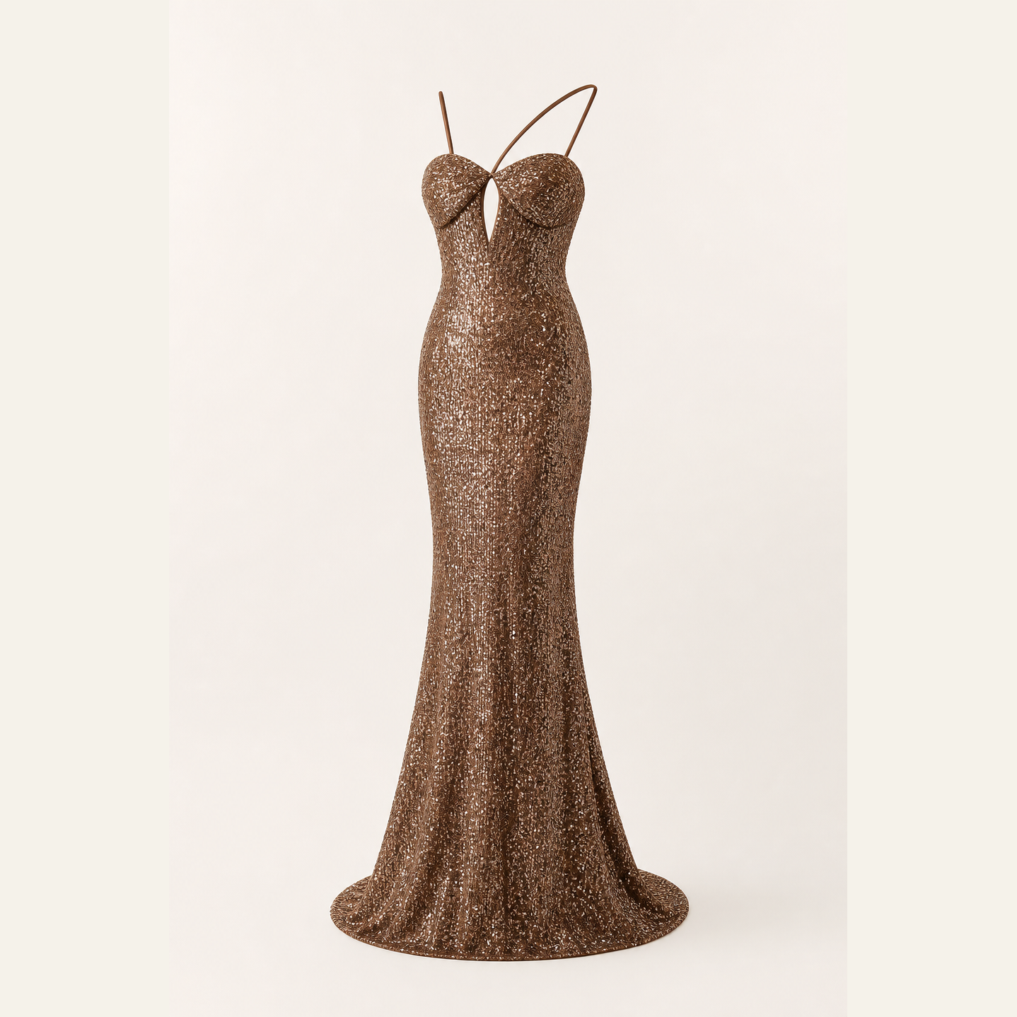 Bronze sequin mermaid gown with flared train hem by Lord & Taylor Heritage, flat lay